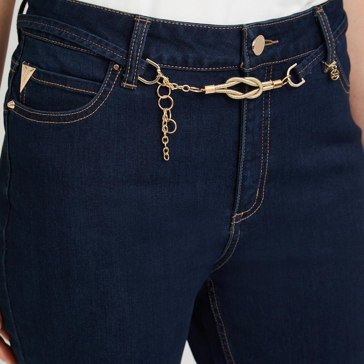 Jeans Flare con Cinturón Dorado Azul-2