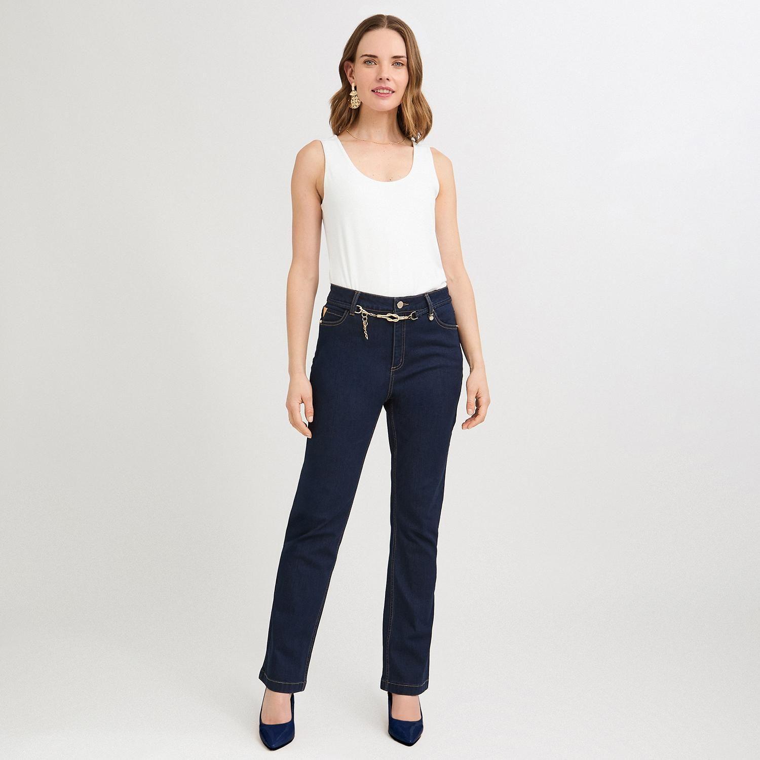 Jeans Flare con Cinturón Dorado Azul-3