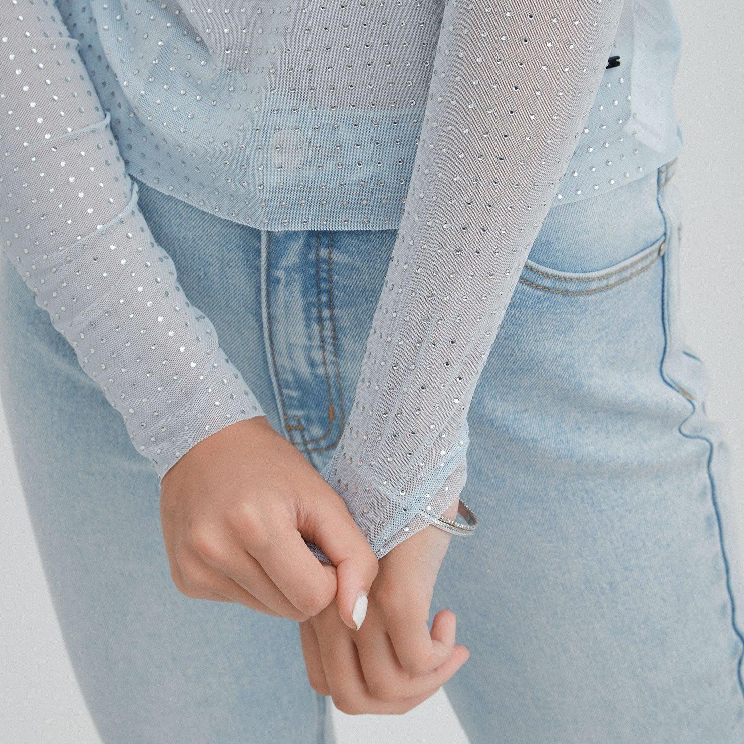 Polera mesh manga larga con strass | Acuarela-2