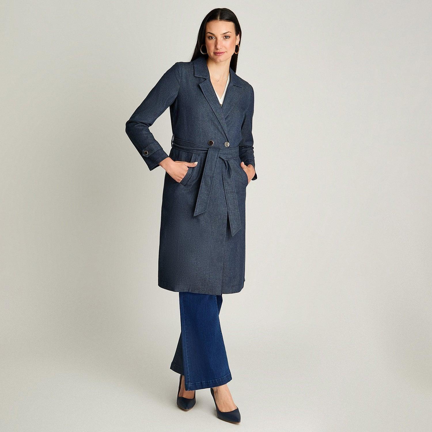 Trench De Denim Manga Larga Con Botones Dorados Azul-3