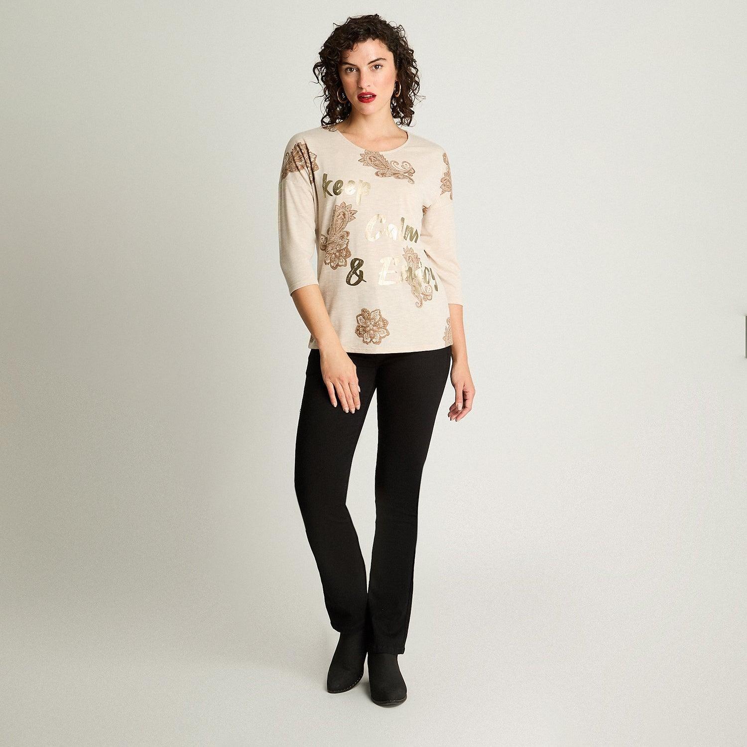 Polera Manga 3/4 Print Frontal Beige-3