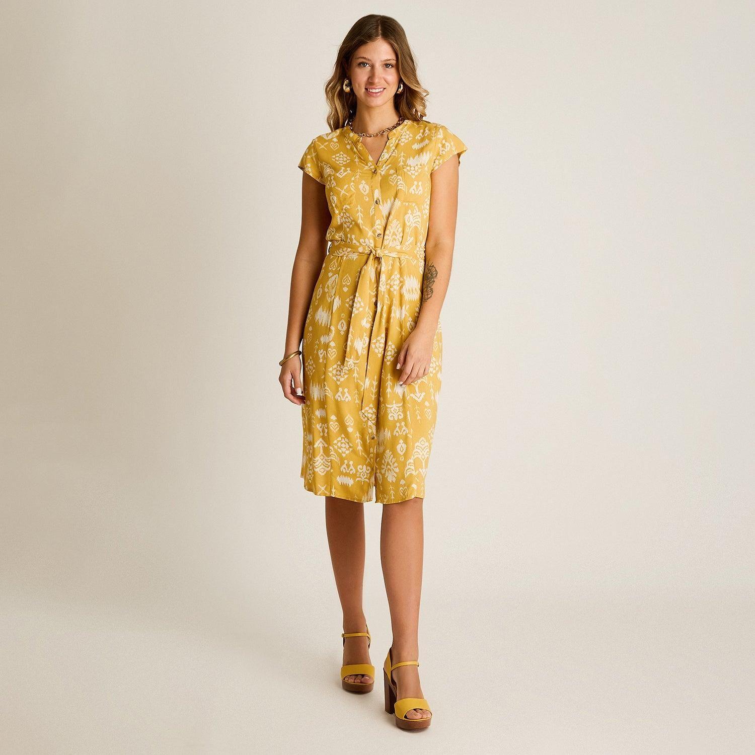 Vestido Midi Mostaza No Elasticado Sin Forro Calce Normal-3