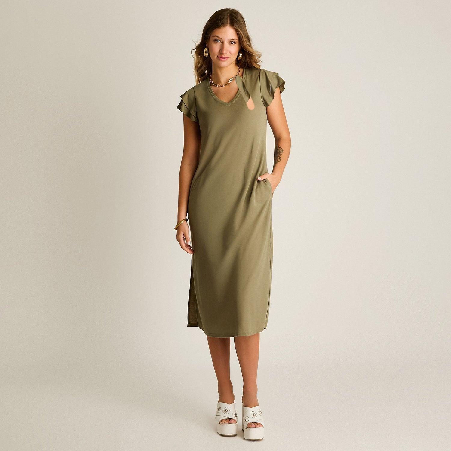 Vestido Maxi Verde Baja elasticidad Sin Forro Calce Ajustado-3