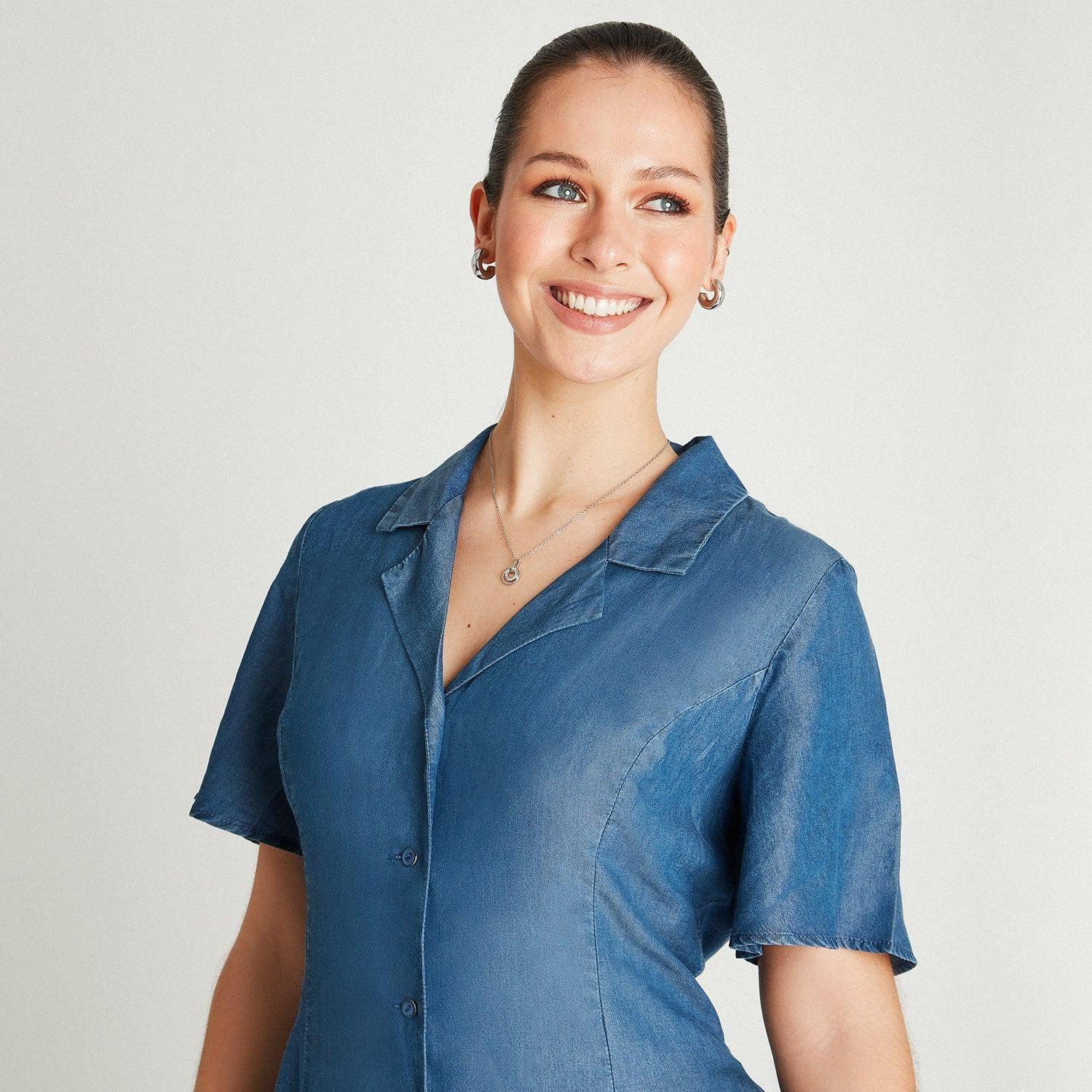 Vestido Midi Azul Oscuro Manga Corta Cuello Solapa-2