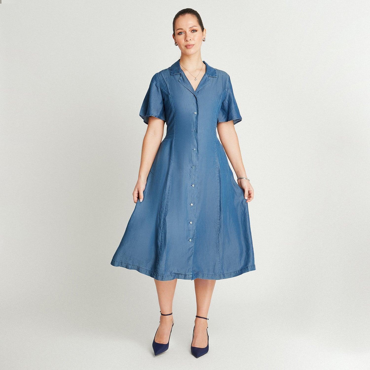 Vestido Midi Azul Oscuro Manga Corta Cuello Solapa-3