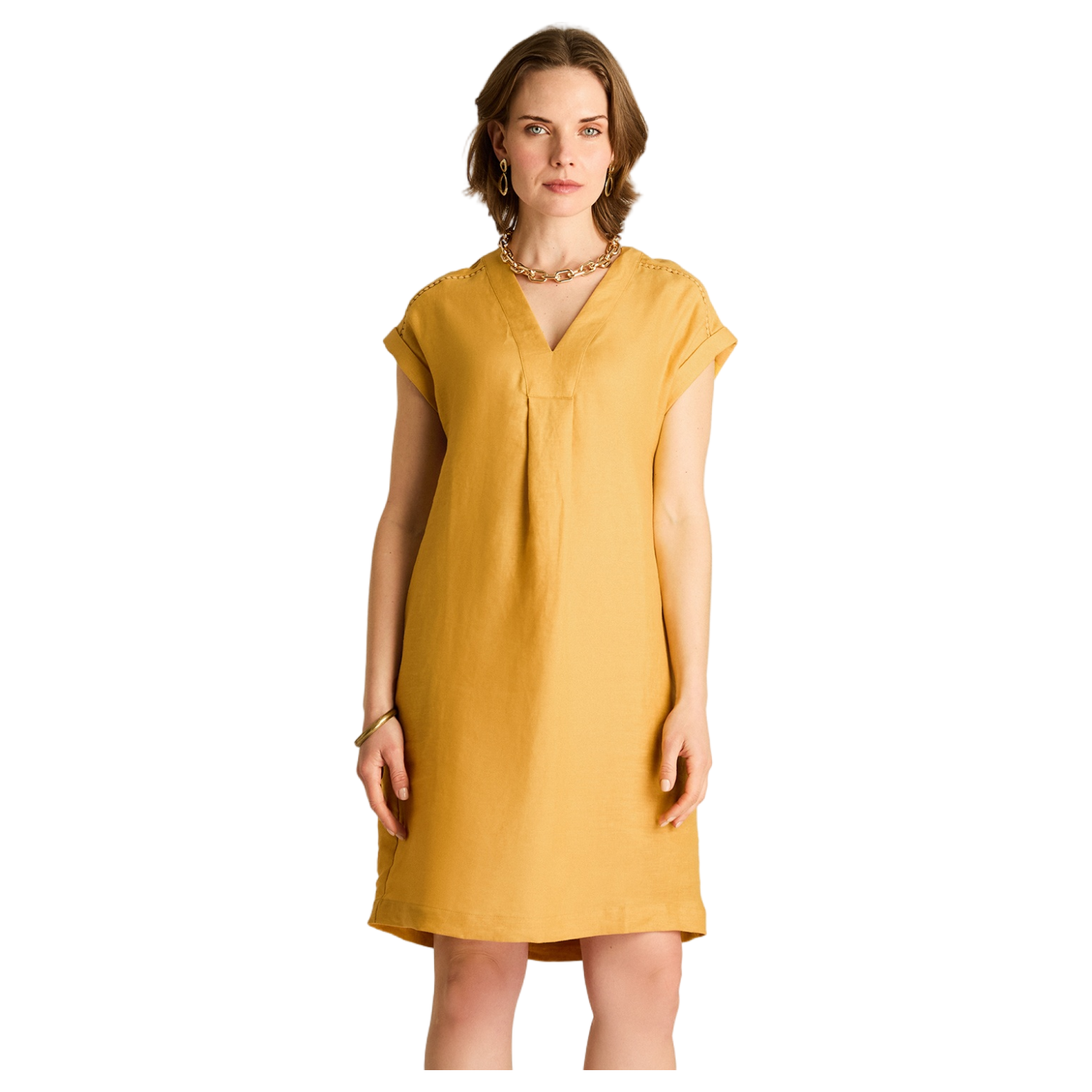 Vestido Corto Mostaza 100% Lino-0