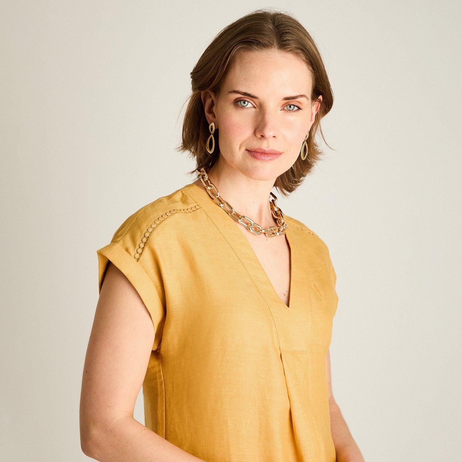 Vestido Corto Mostaza 100% Lino-2