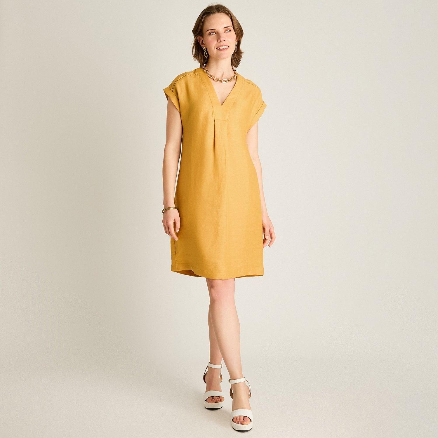 Vestido Corto Mostaza 100% Lino-3