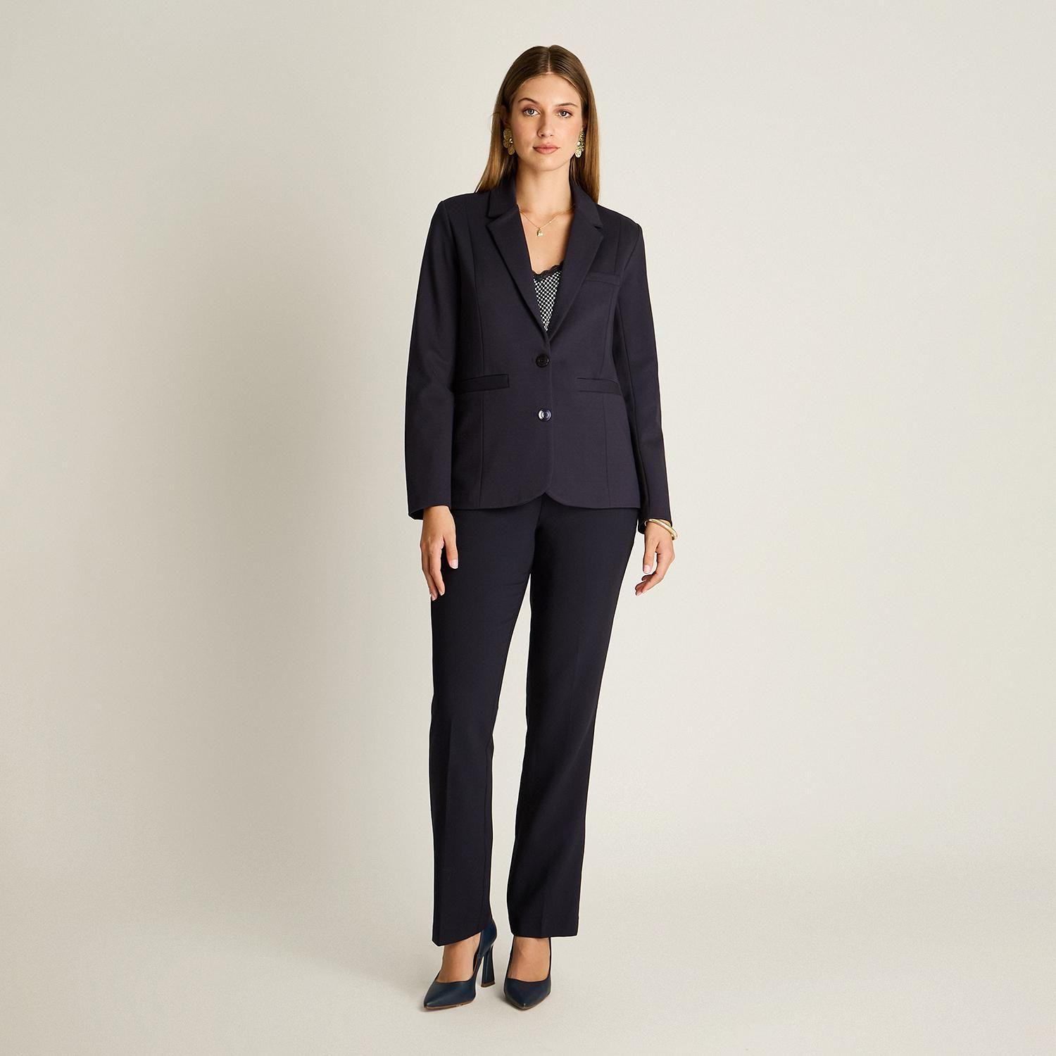 Blazer Azul Básico Punto Roma con Dos Bolsillos-3