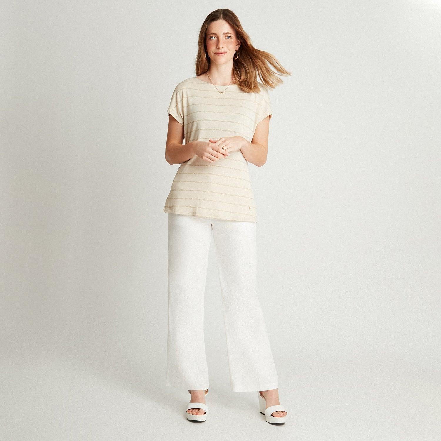 Polera Beige Manga Kimono Listada Cuello Redondo-3