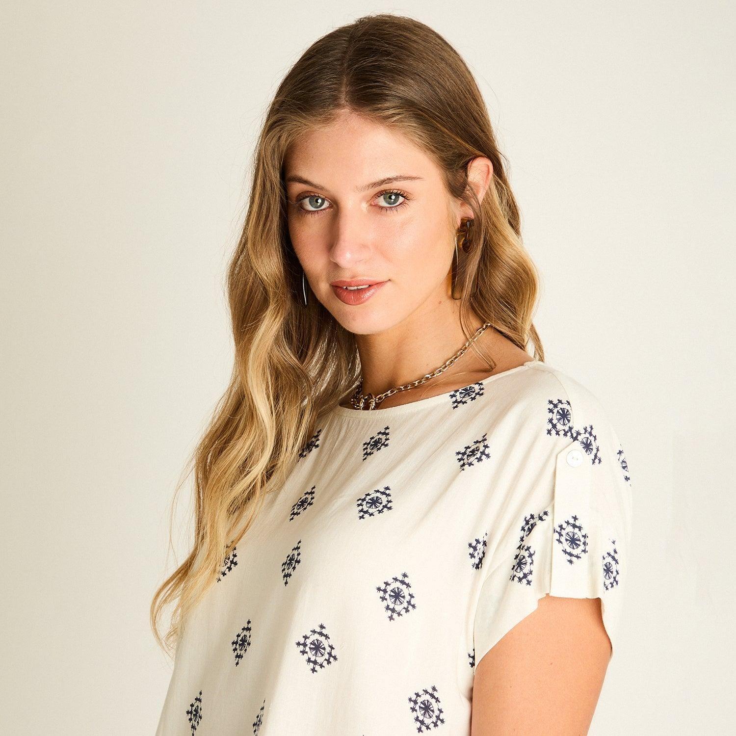 Blusa Blanco Manga Corta Elasticidad Media Sin Forro Calce Normal-2