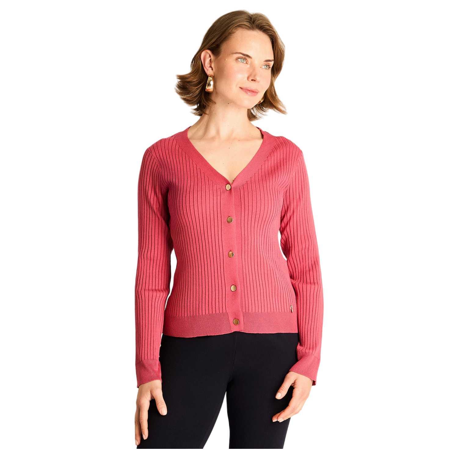 Cardigan Rosado Manga Larga Elasticidad Media Sin Forro Calce Normal-0