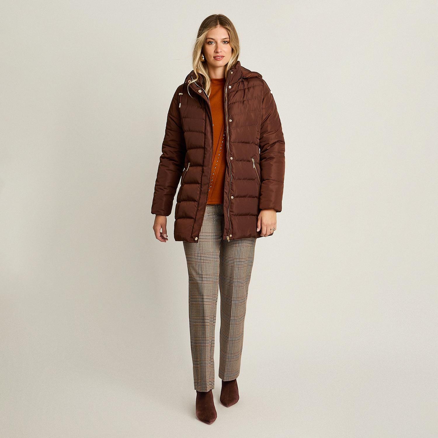 Parka Larga Café con Gorro y Diseño Quilted-3