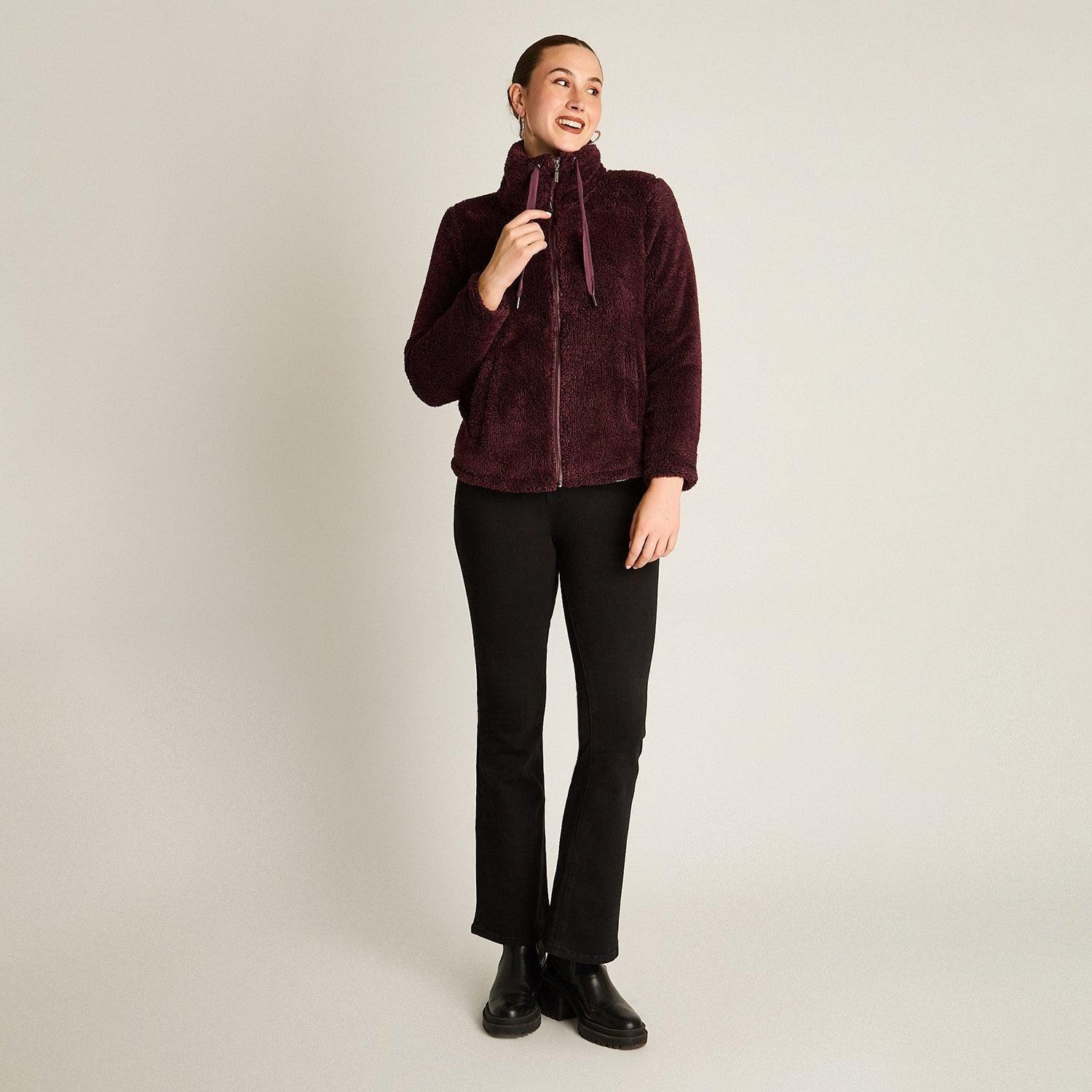 Poleron Coral Fleece Morado Manga Larga Elasticidad Baja Sin Forro Calce Normal Tela Punto-3