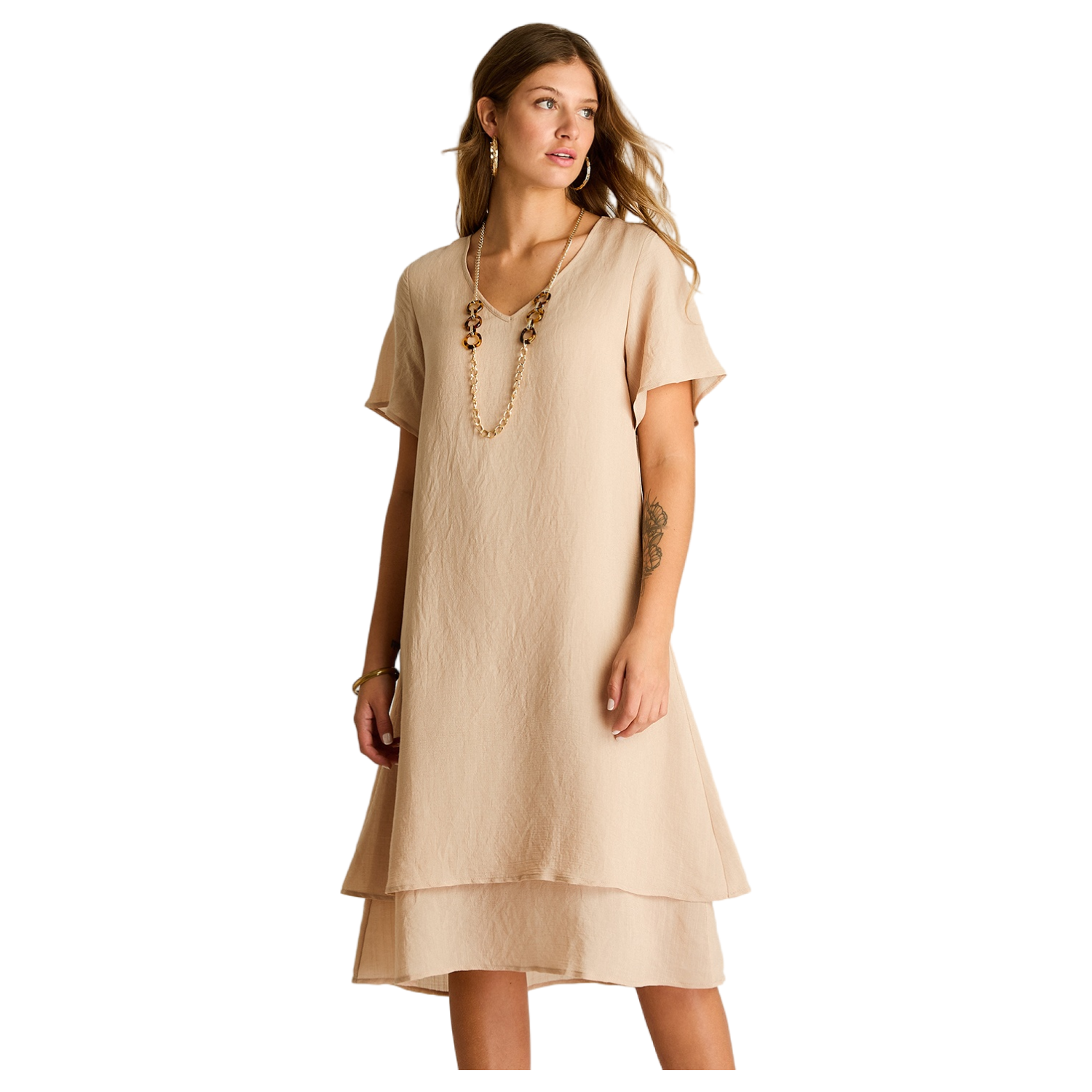 Vestido Midi Beige Con Collar-0