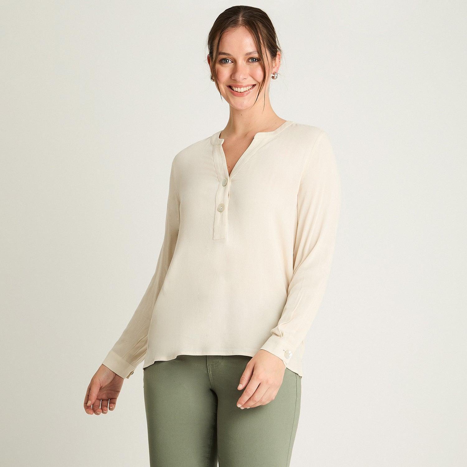 Blusa Manga Larga Cuello Mao Botones Beige-0