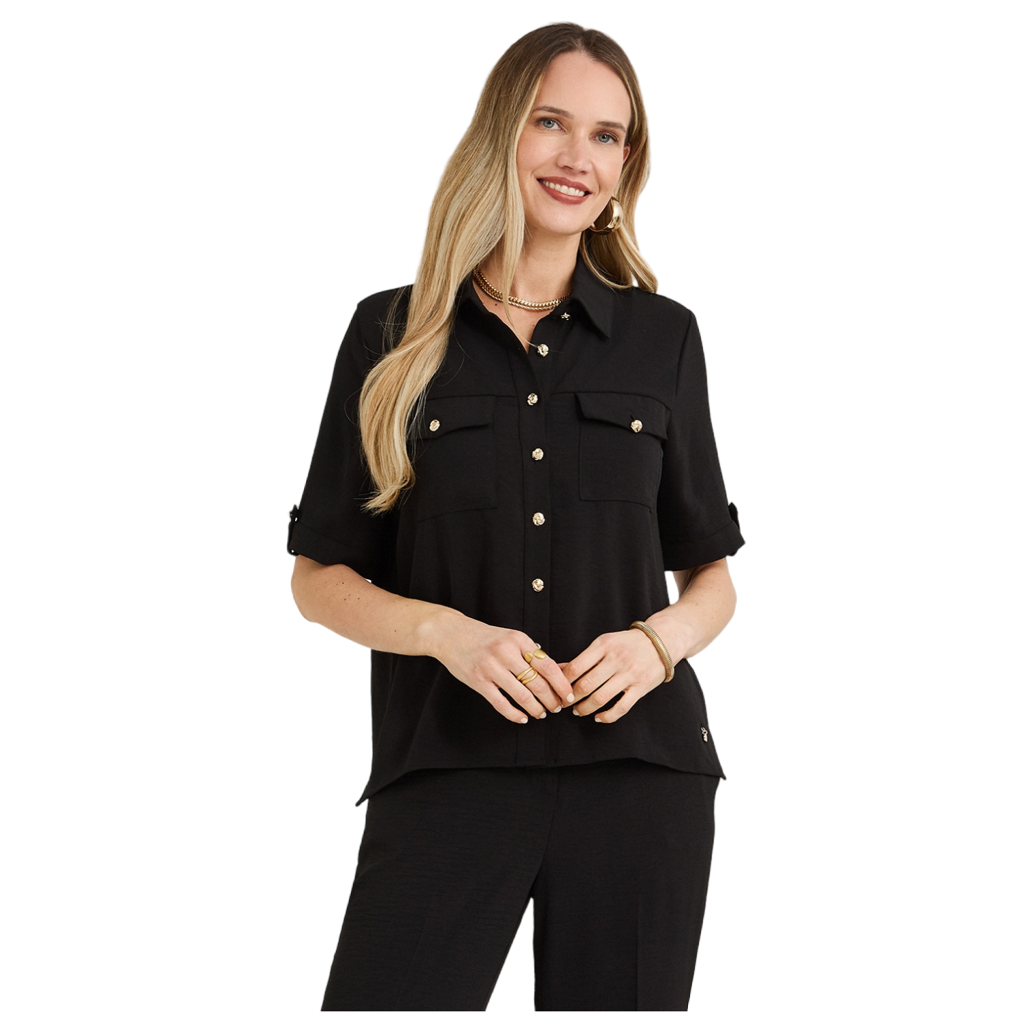 Blusa Manga Corta con Botones Negro-0