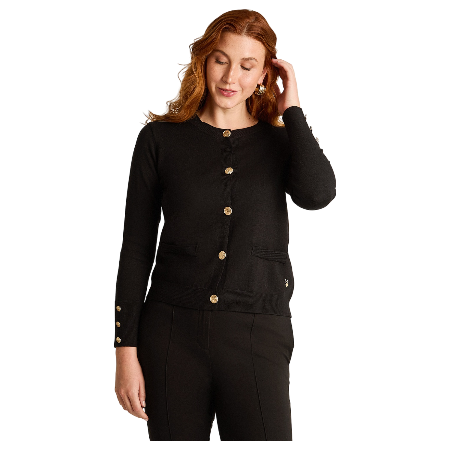 Cardigan Negro con Botones Dorados en Tejido-0