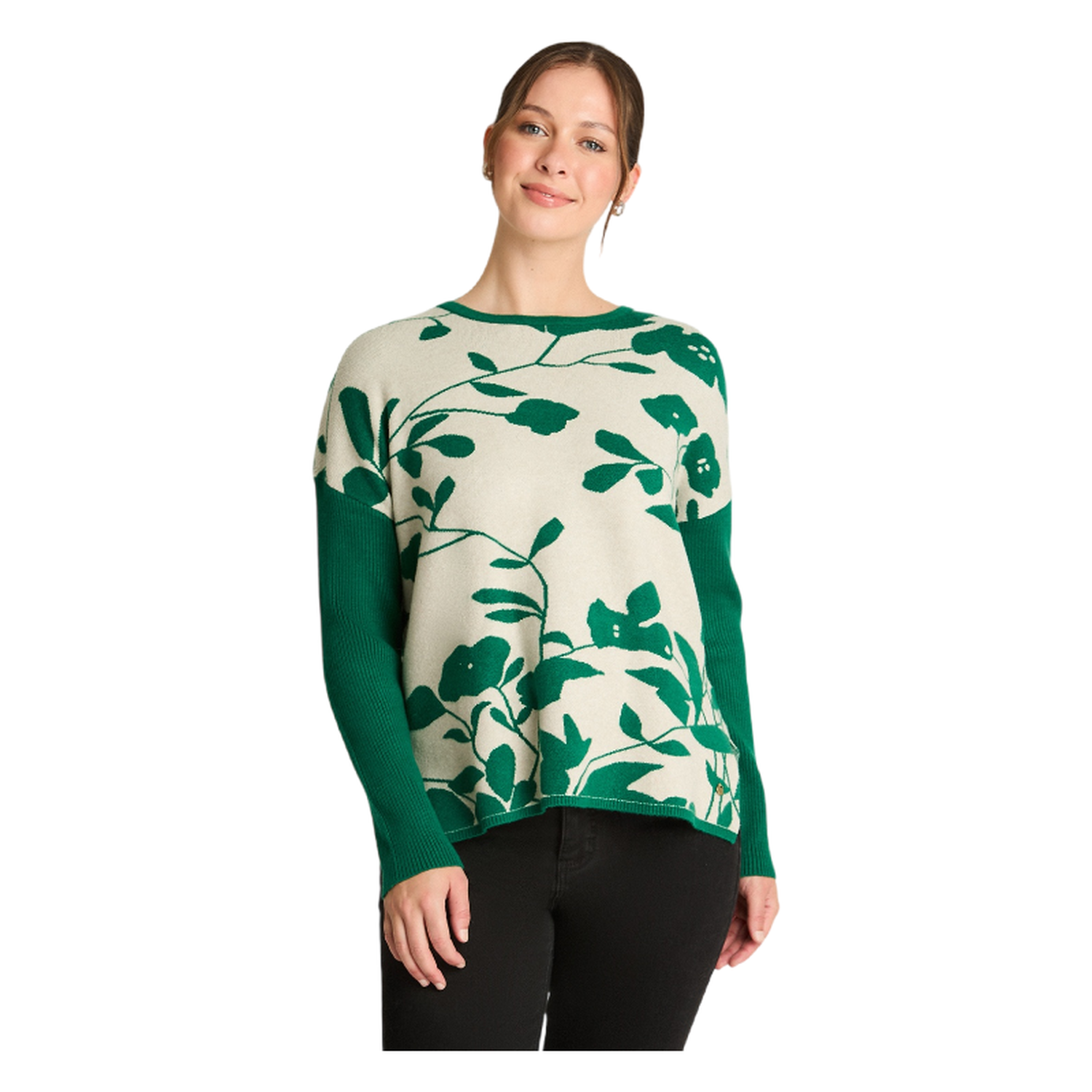 Tejido Jacquard Manga Larga Cuello Redondo Verde-0