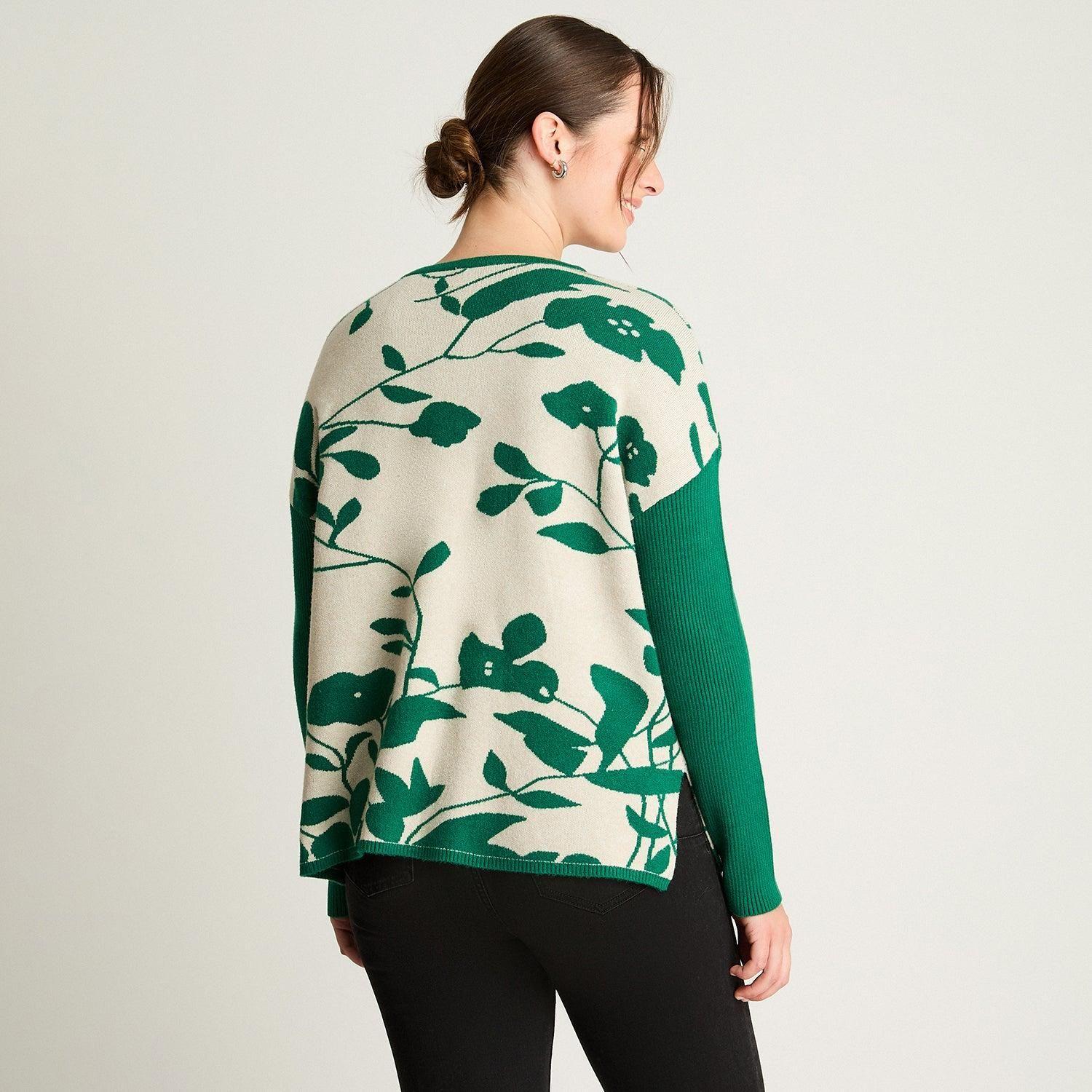Tejido Jacquard Manga Larga Cuello Redondo Verde-1