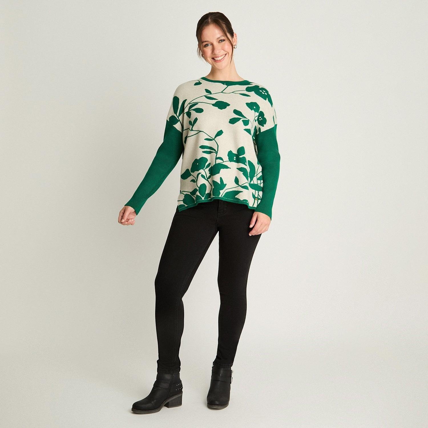 Tejido Jacquard Manga Larga Cuello Redondo Verde-3