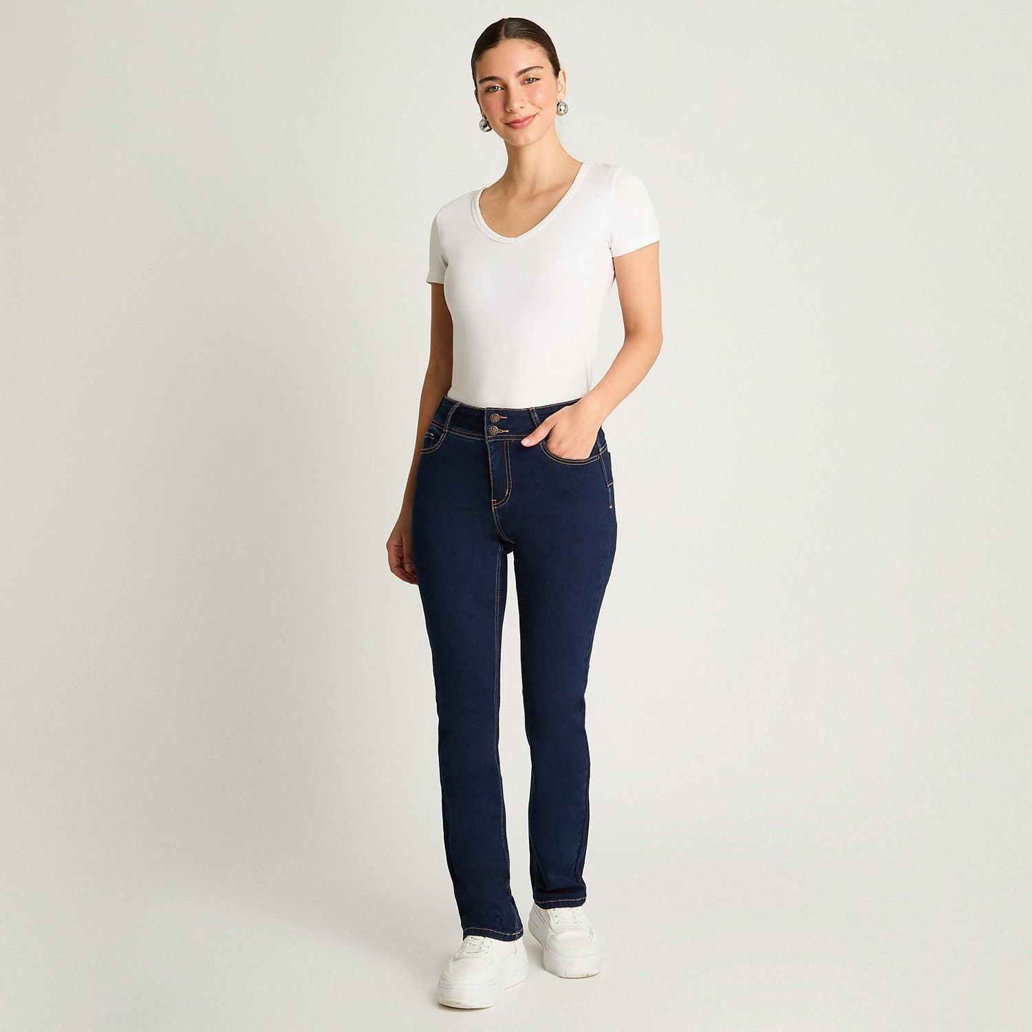 Jeans Recto 5 Bolsillos Push Up Azul Marino-3