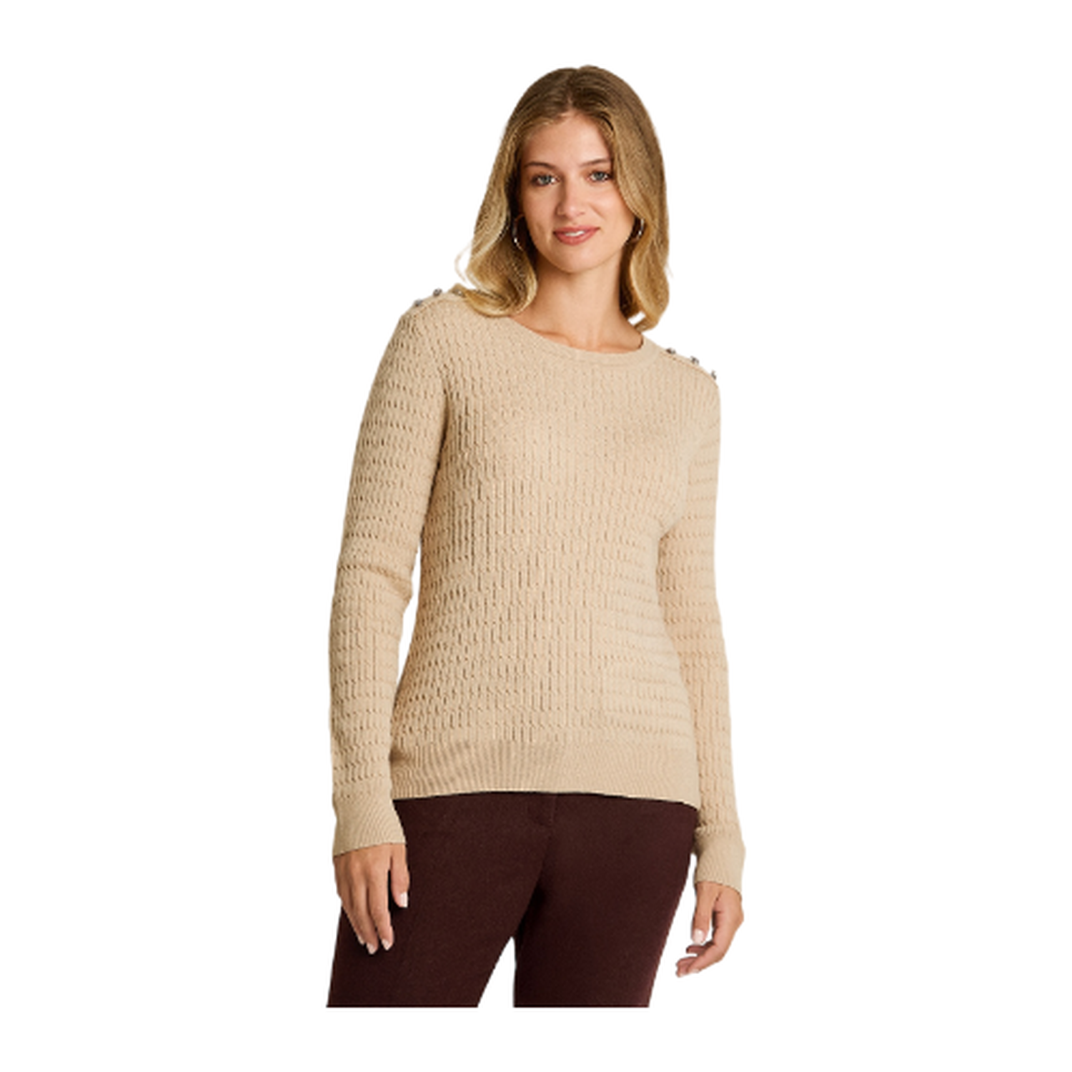 Sweater Beige con Trenzado en Relieve y Botones Plateados en Hombro-0