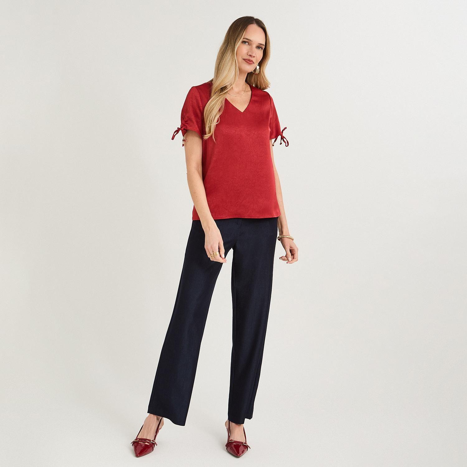 Blusa Manga Corta Escote V Rojo-3