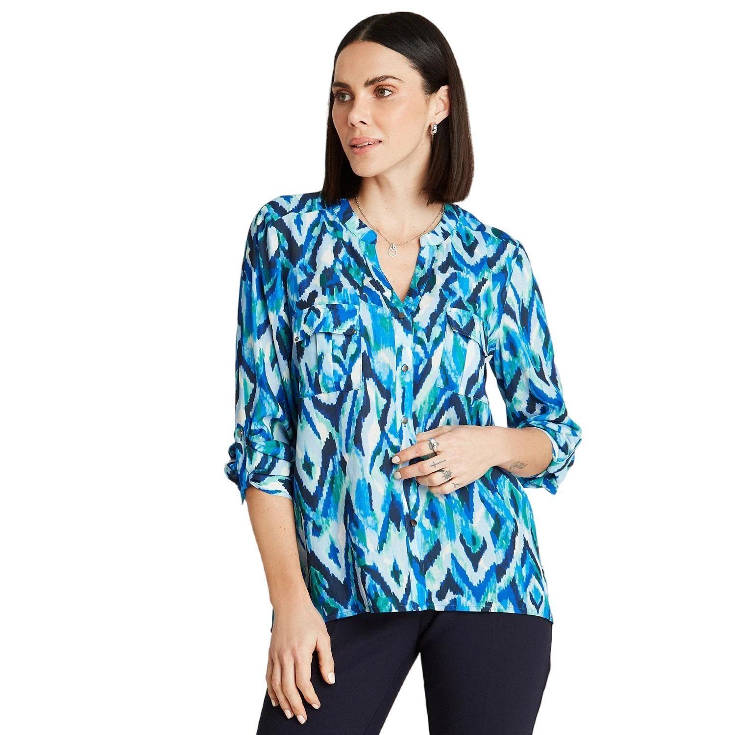 Blusa Azul Manga Larga Estampado Cuello Mao-0
