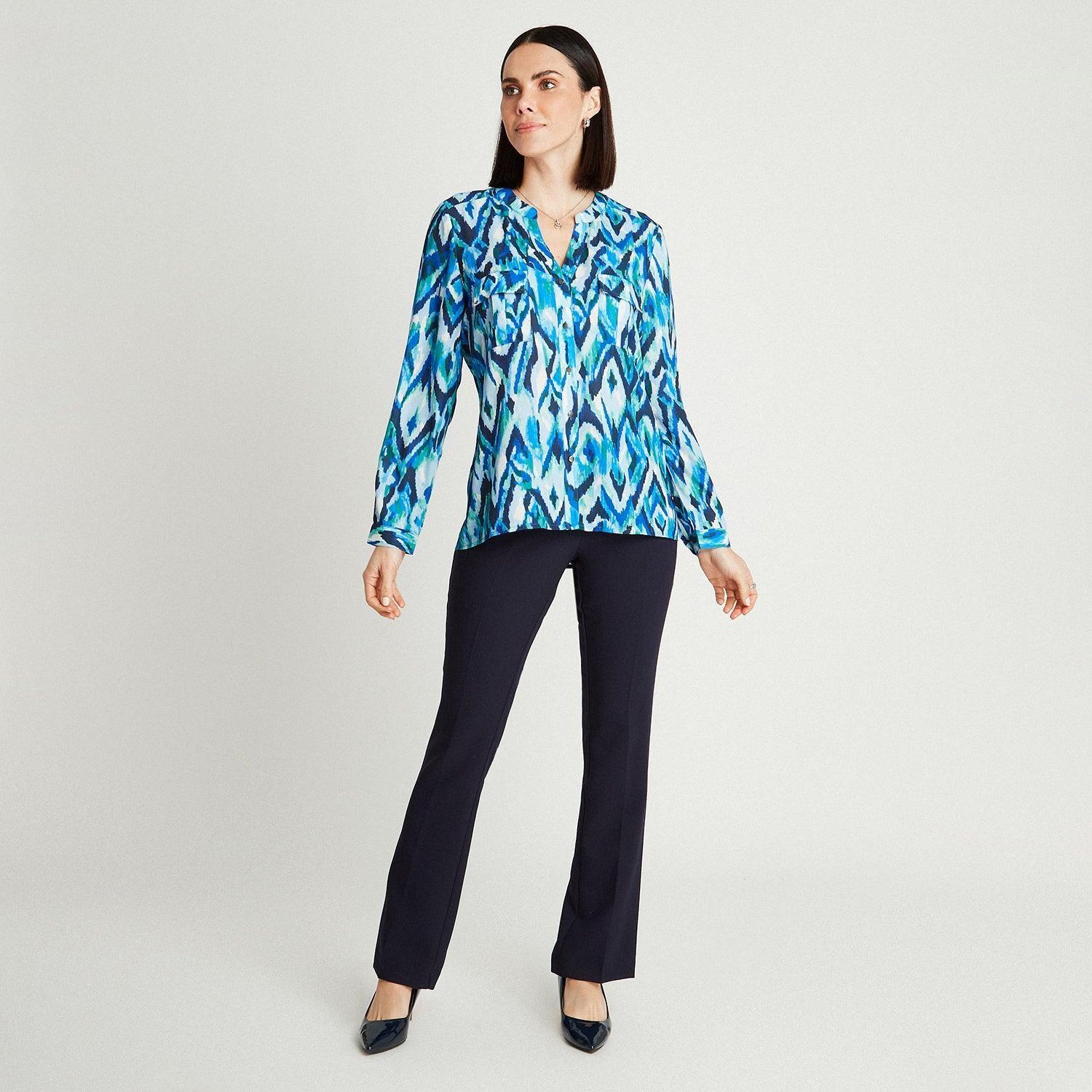 Blusa Azul Manga Larga Estampado Cuello Mao-3