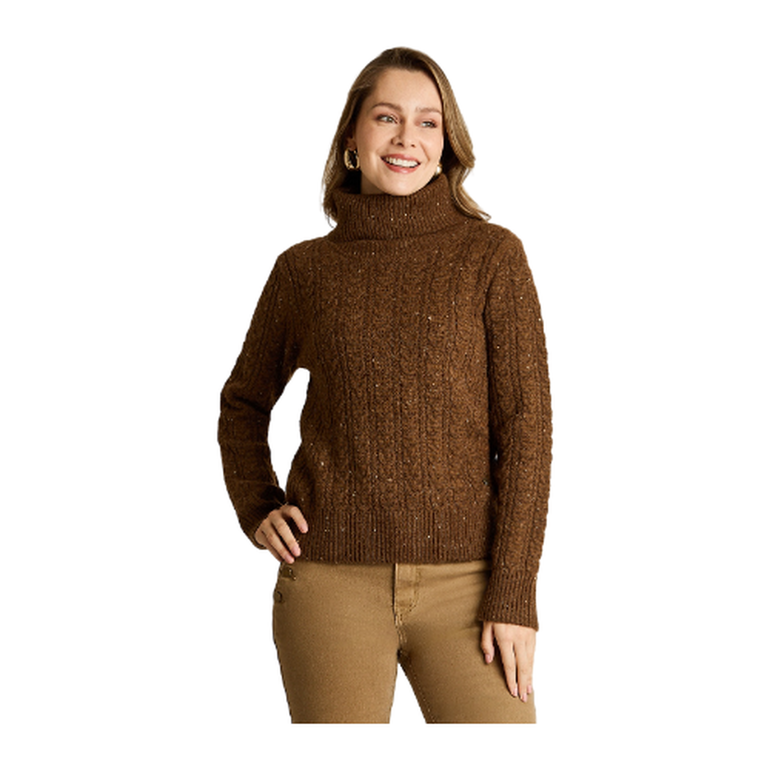 Sweater Café con Cuello Alto y Trenzado Jaspeado en Tejido-0