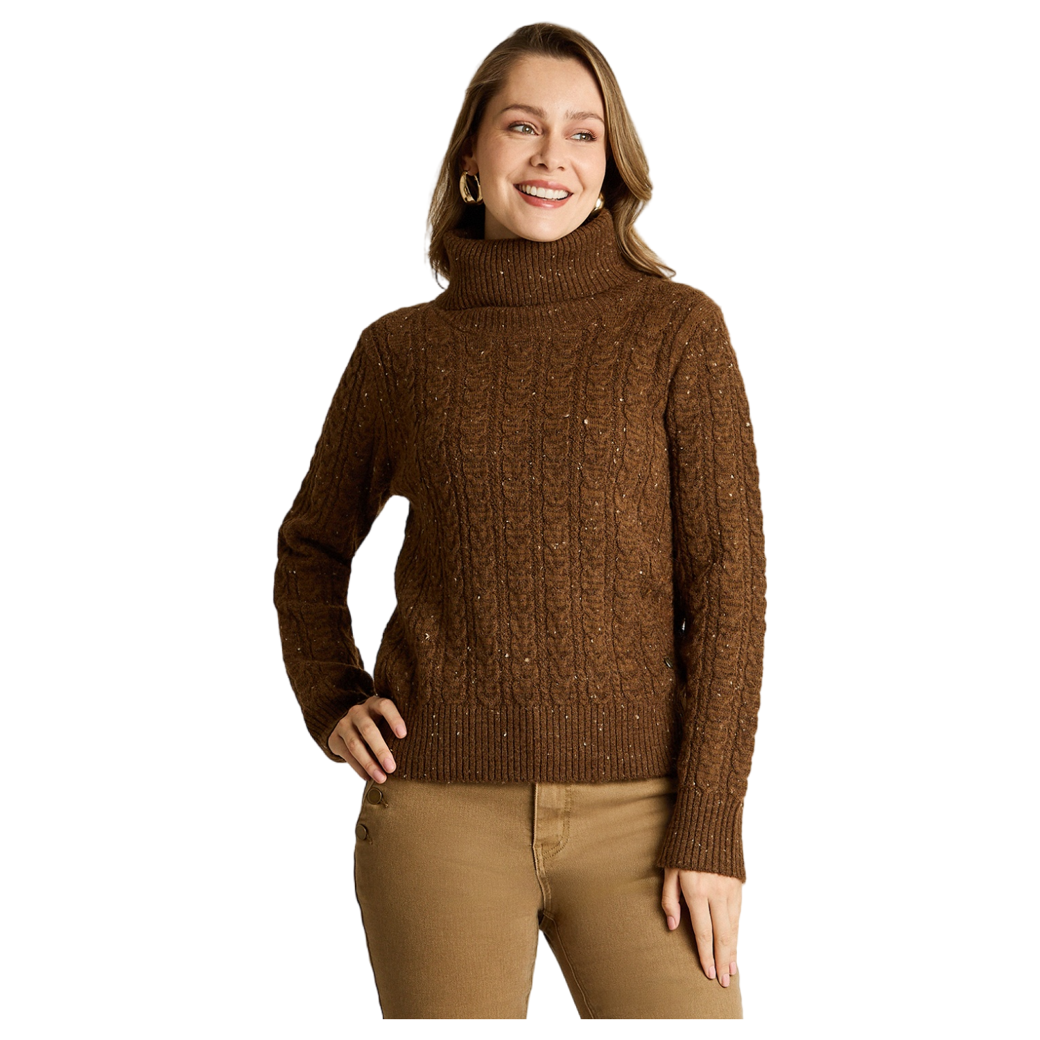 Sweater Café con Cuello Alto y Trenzado Jaspeado en Tejido-0