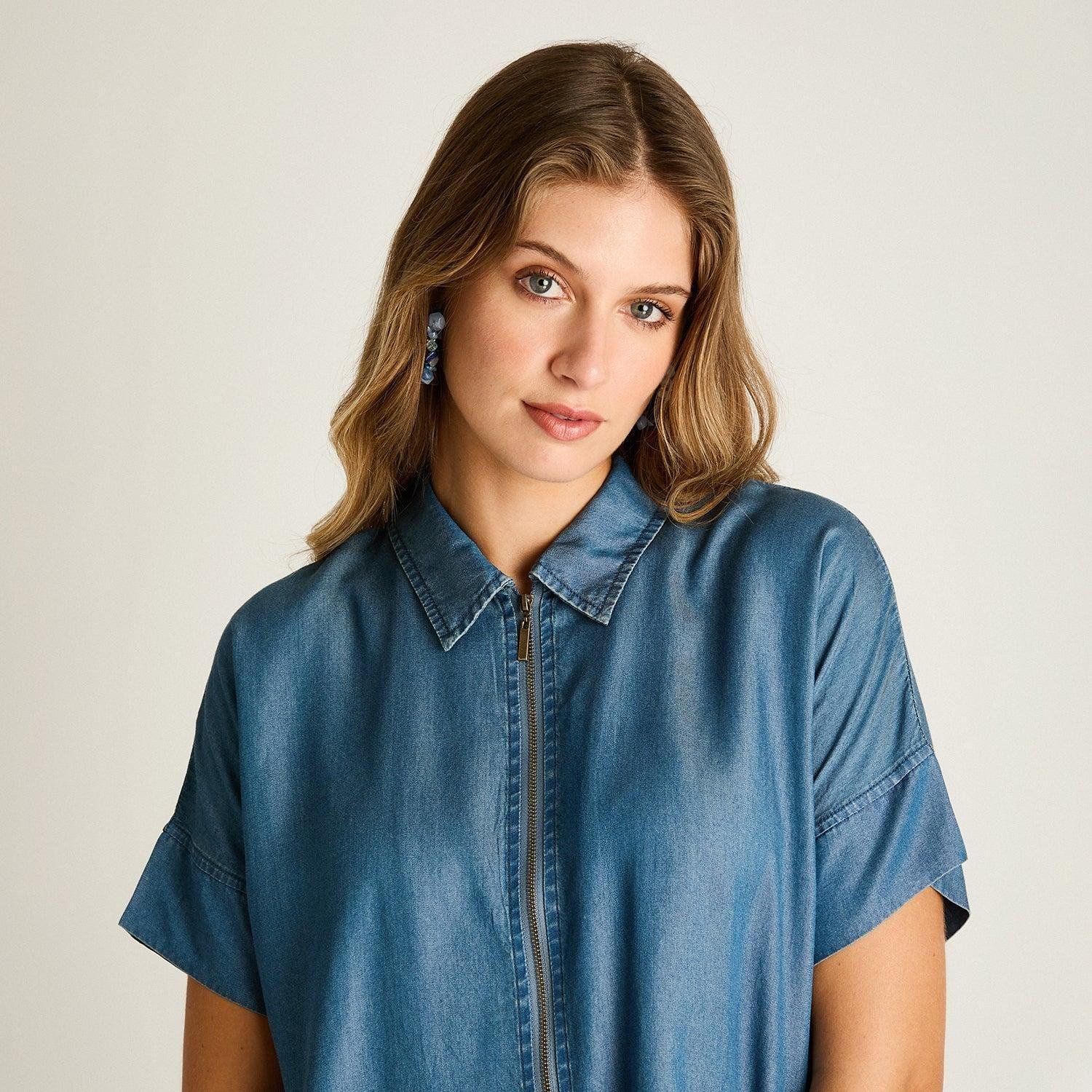 Blusa Azul Manga Corta No Elasticado Sin Forro Calce Normal-2