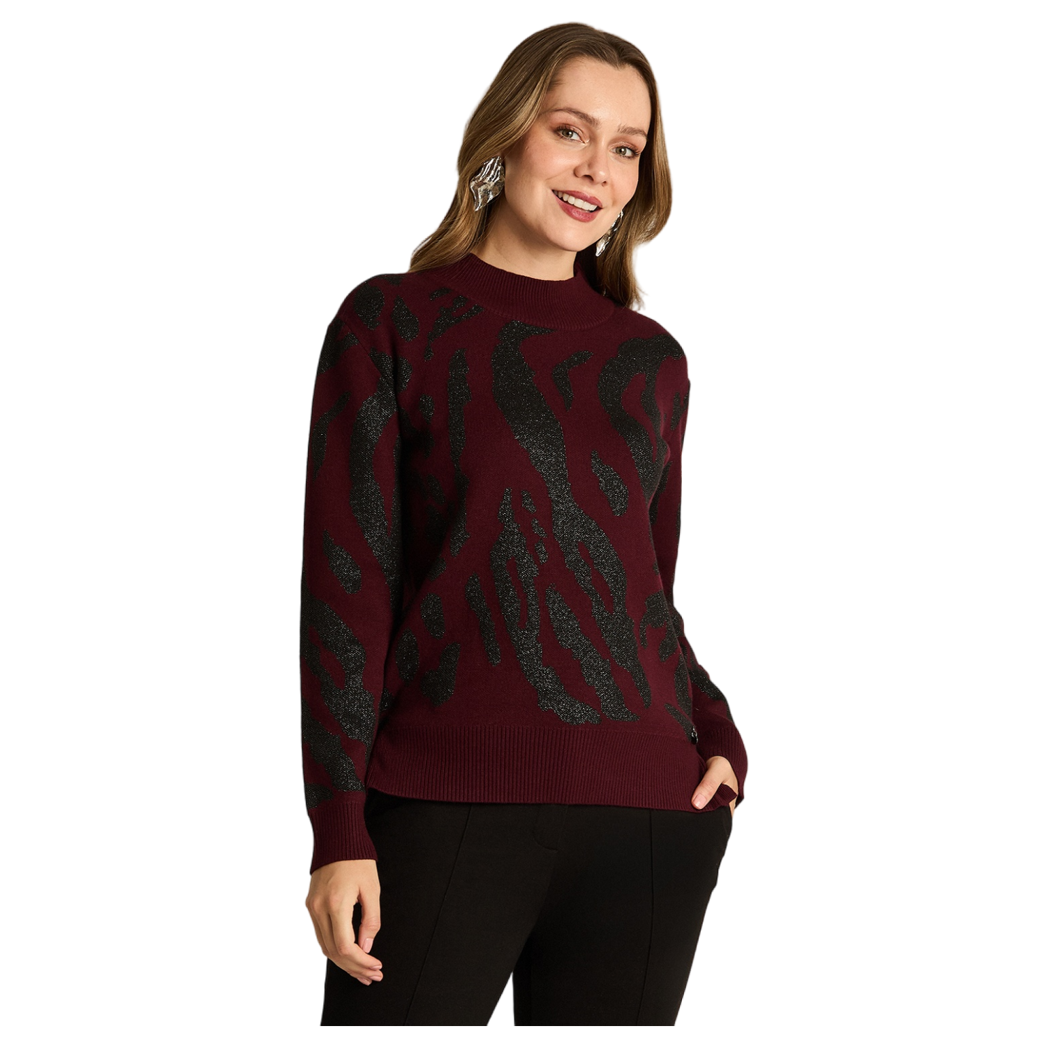 Sweater Burdeo con Estampado Animal Print y Lurex en Tejido-0