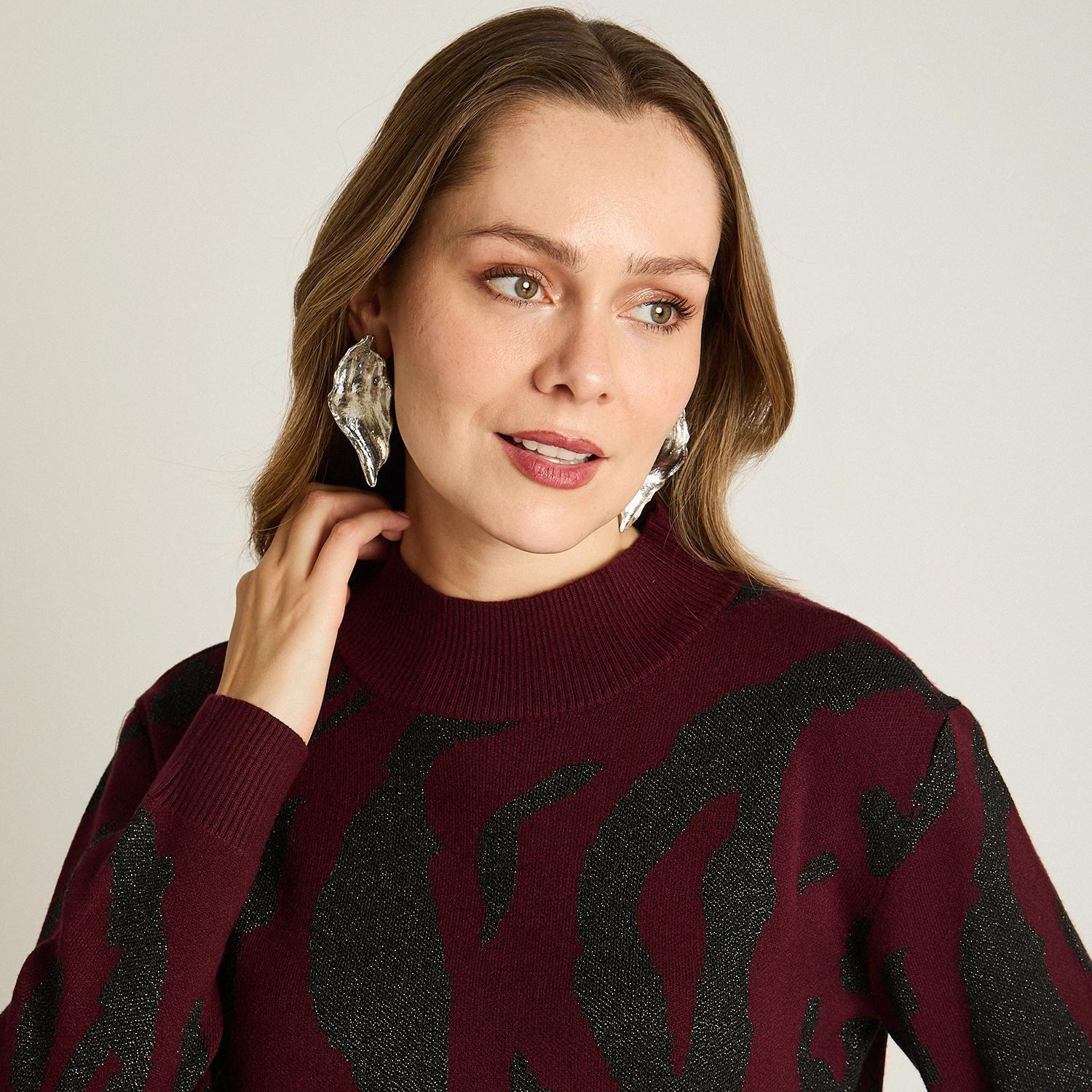 Sweater Burdeo con Estampado Animal Print y Lurex en Tejido-2