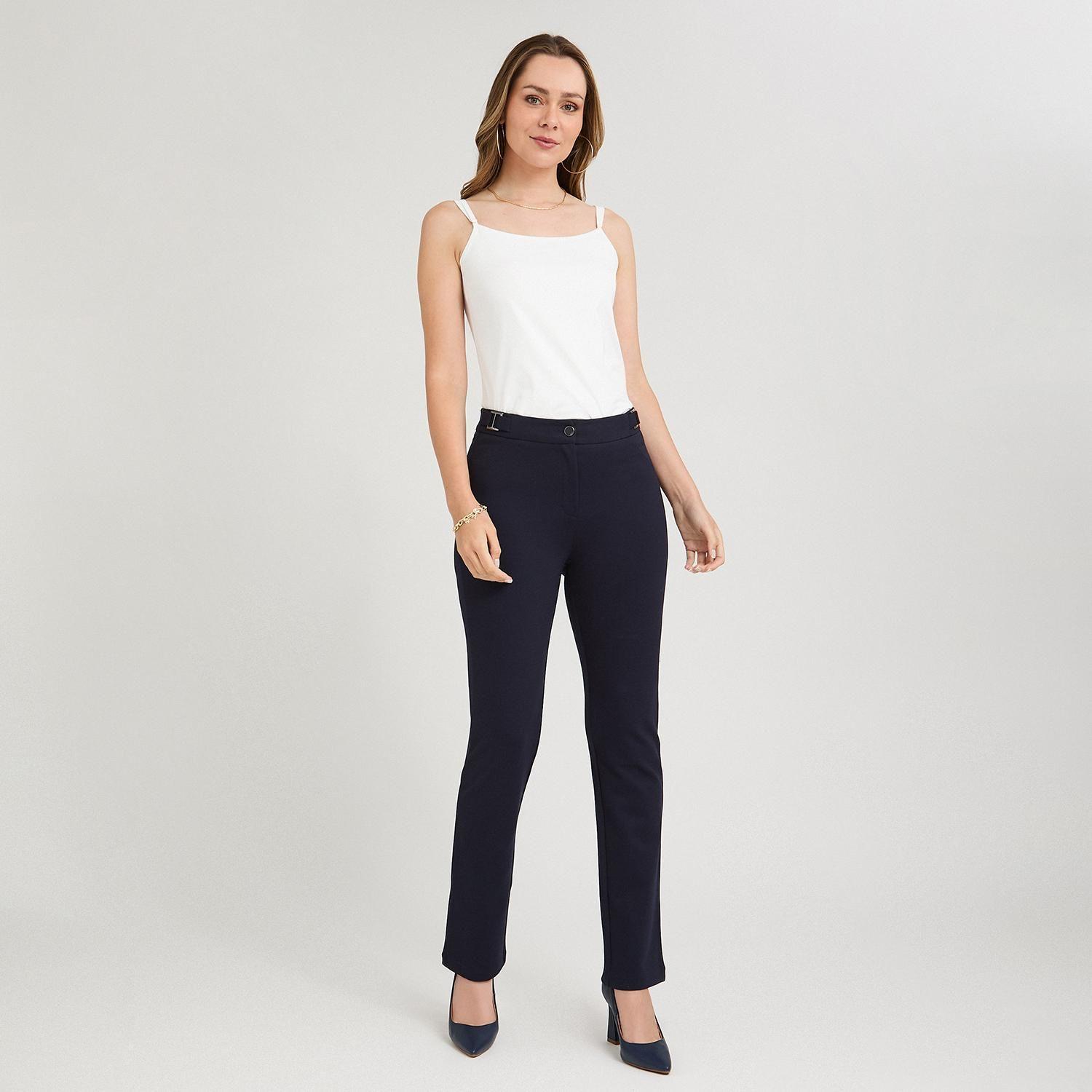 Pantalón Formal Recta un Botón con Aplicación en Pretina Azul-3