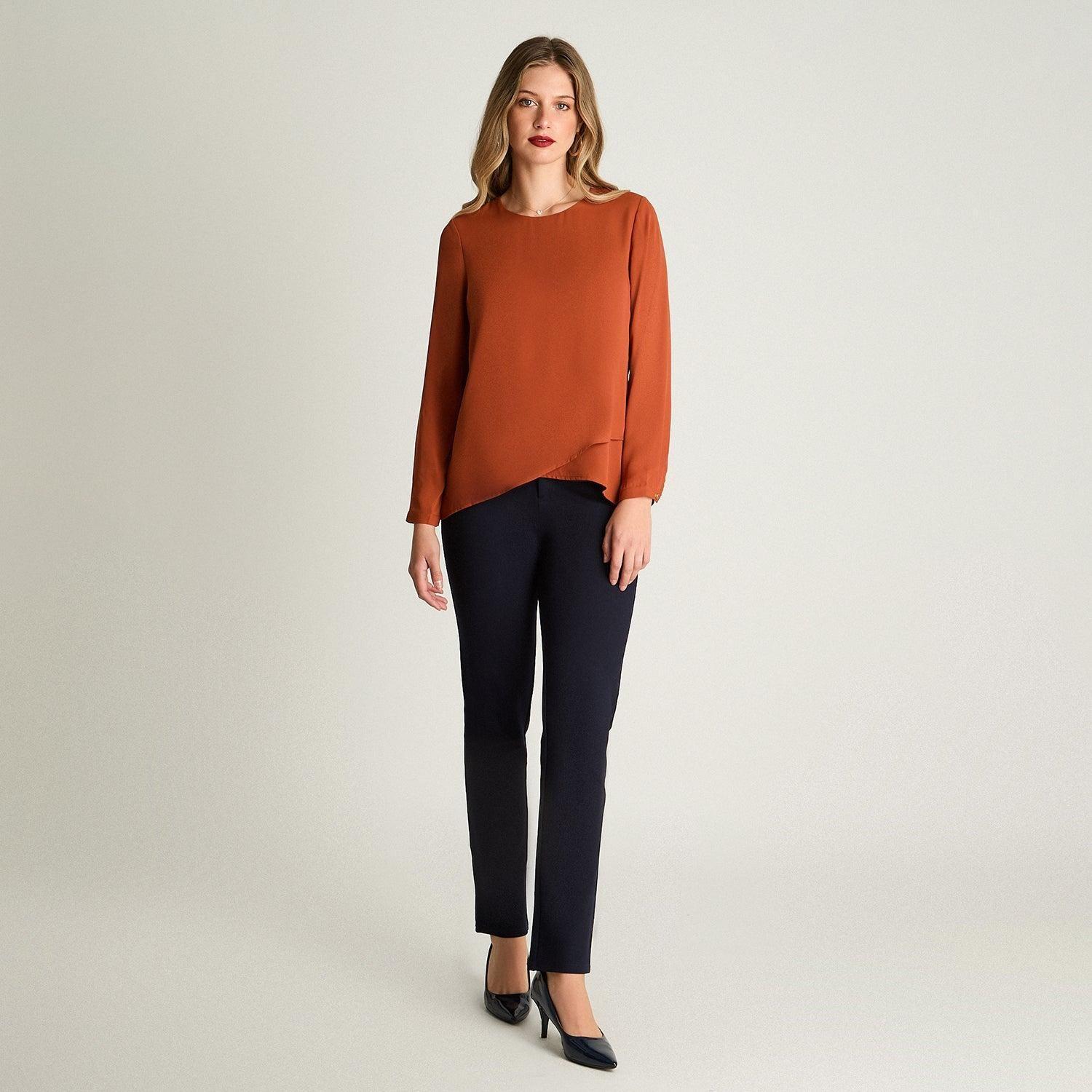 Blusa Manga Larga Escote Redondo Con Capas Terracota-3