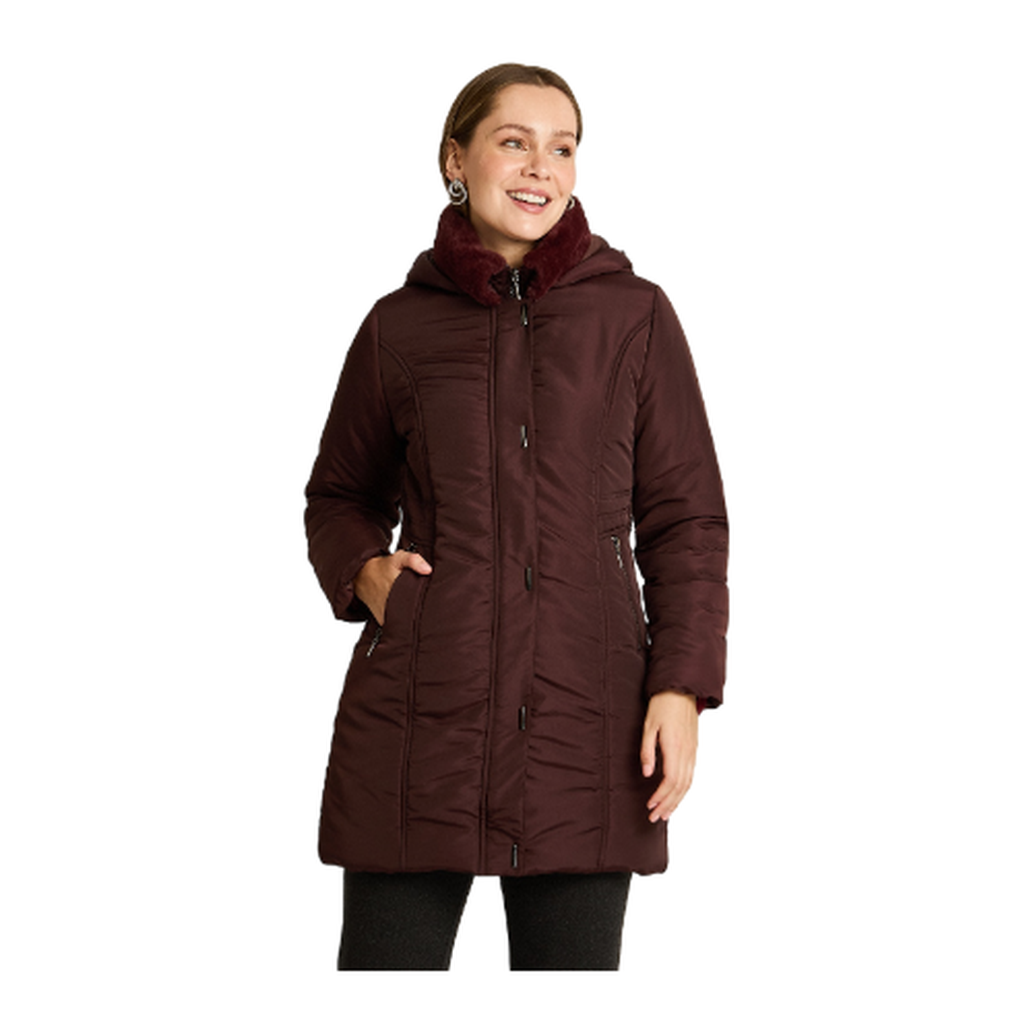 Parka Larga Burdeo con Gorro Peludo y Forro-0