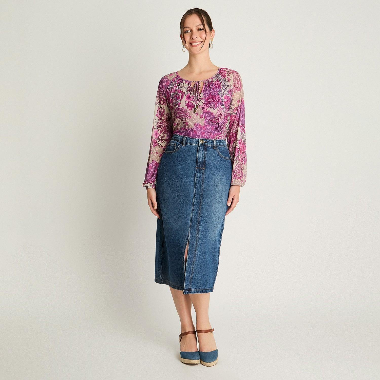 Falda Midi Jeans Abertura Frontal Azul-3