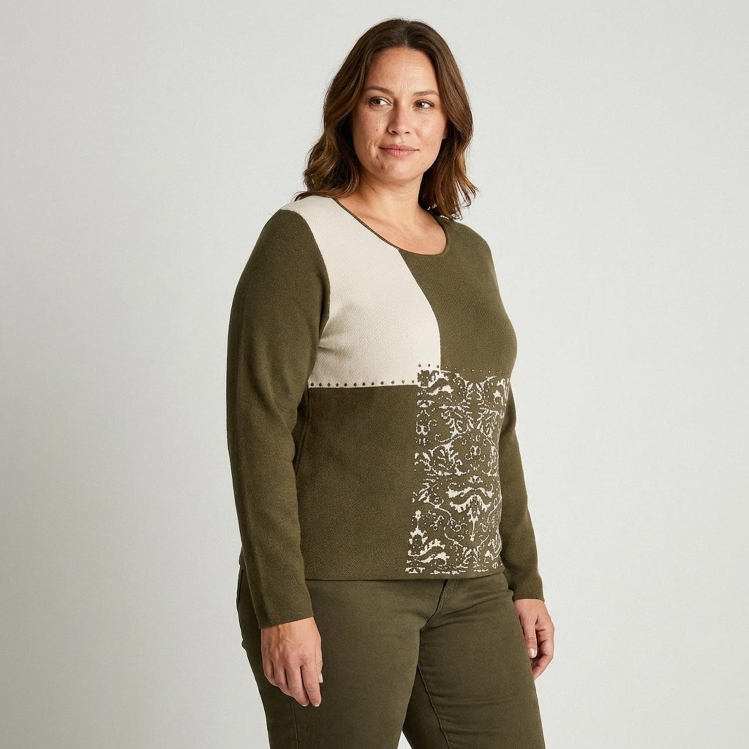 Sweater Verde con Bloques de Color y Estampado Barroco en Tejido-0