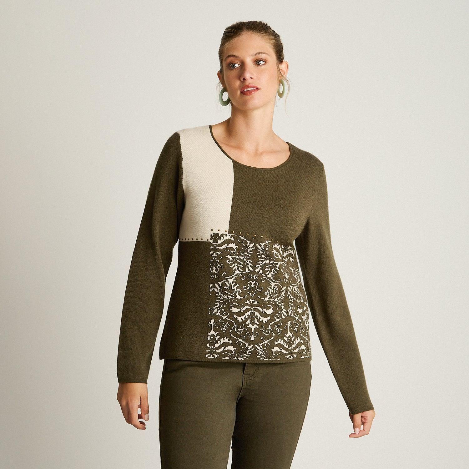 Sweater Verde con Bloques de Color y Estampado Barroco en Tejido-1
