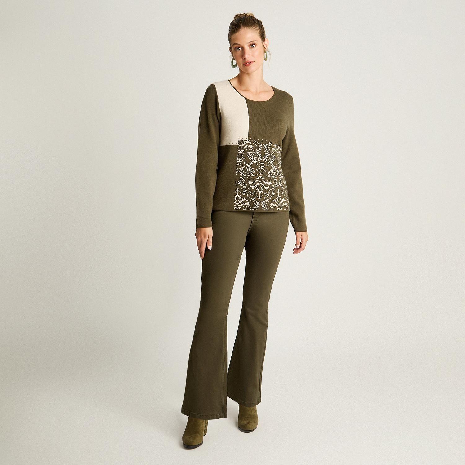 Sweater Verde con Bloques de Color y Estampado Barroco en Tejido-3