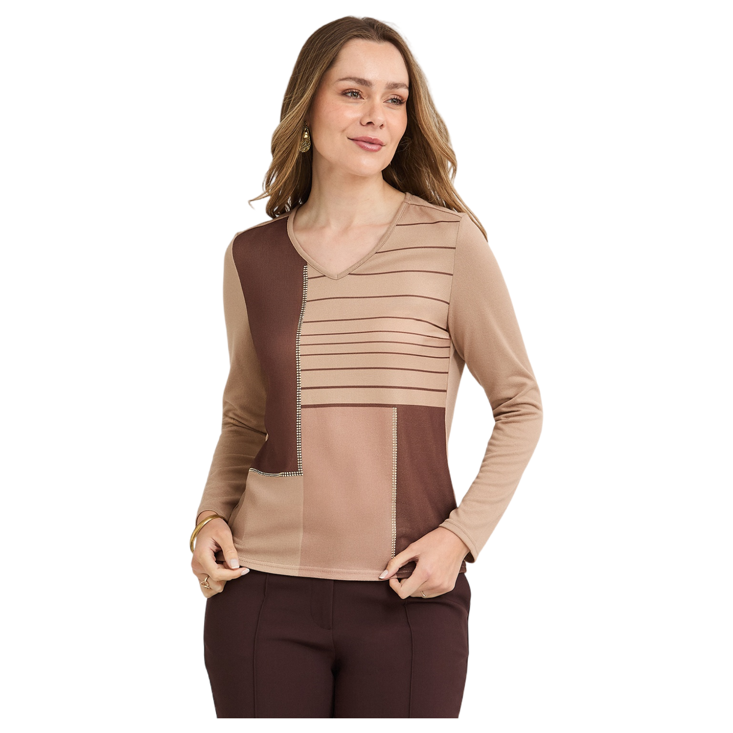 Polera Lanilla Bloques de Color con Strass Café-0