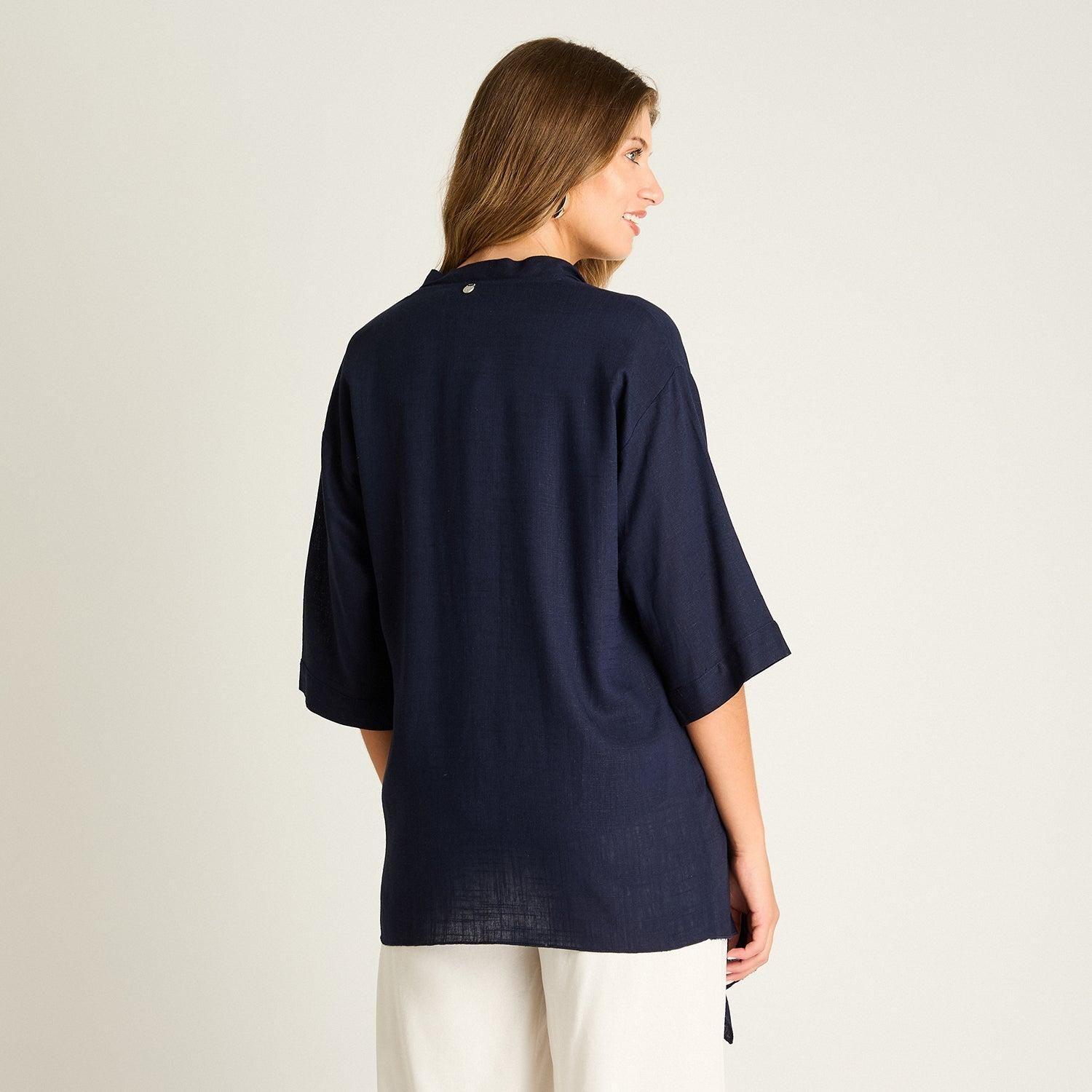 Tapado Azul Manga 3/4 No Elasticado Sin Forro Calce Holgado-1