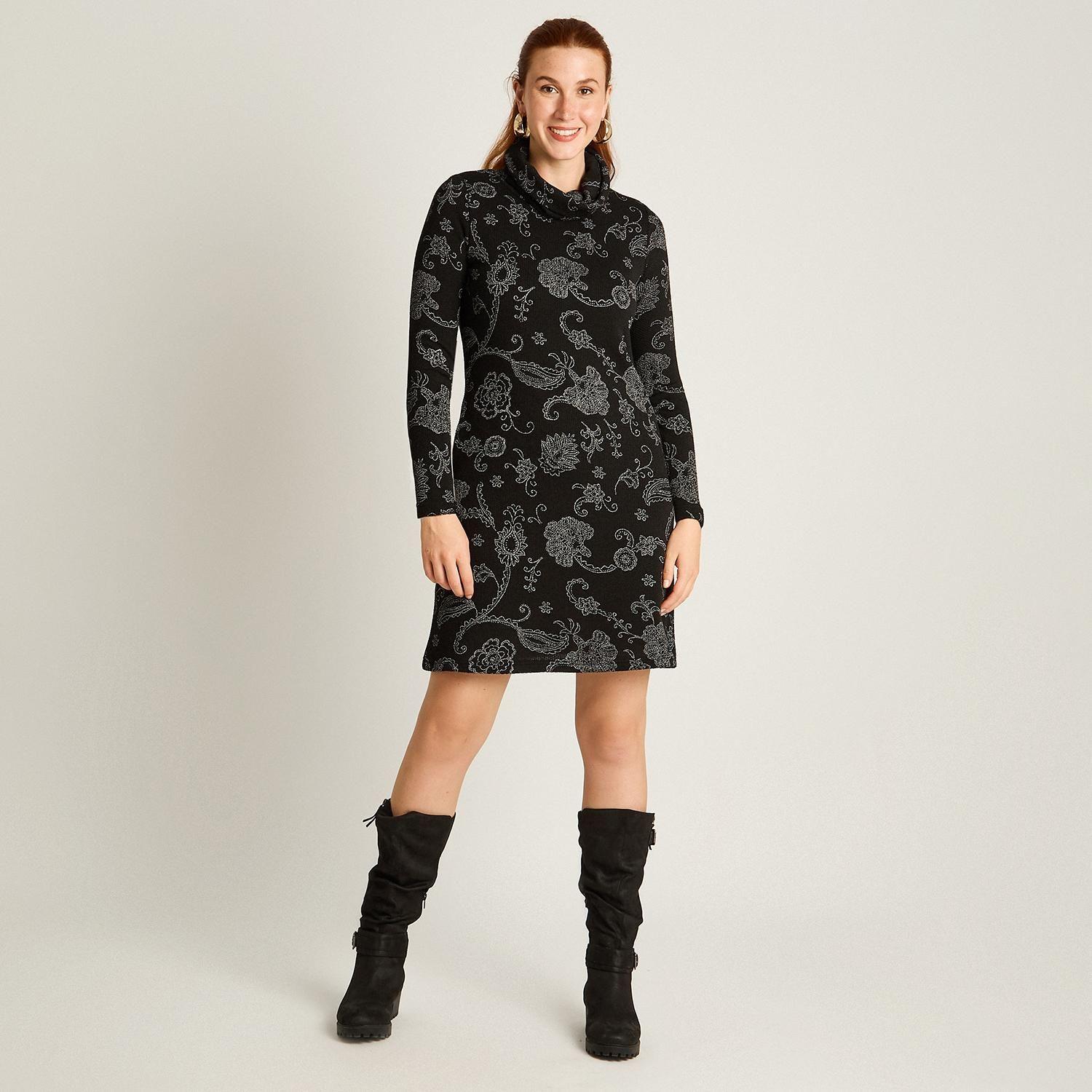 Vestido Negro en Lanilla con Cuello Alto y Estampado Floral-3