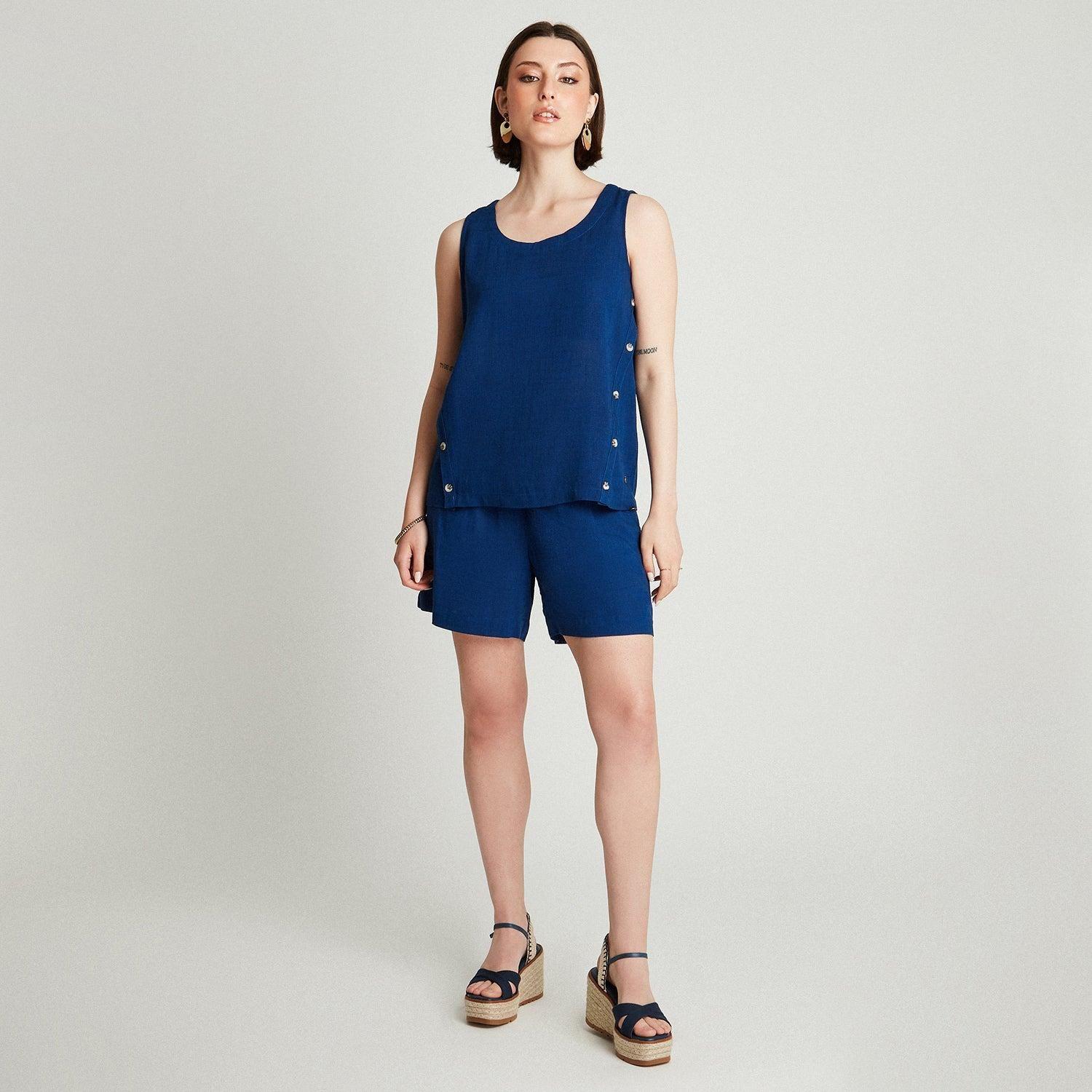 Blusa Azul Sin Manga Cuello Redondo-3