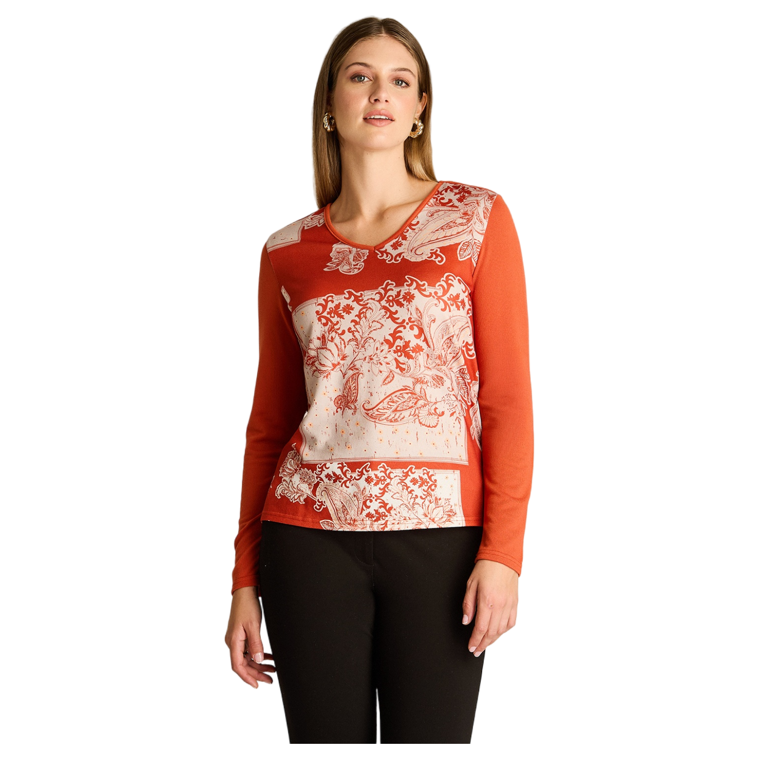 Polera Terracota Manga Larga Elasticidad Media Sin Forro Calce Normal Tela Camant-0