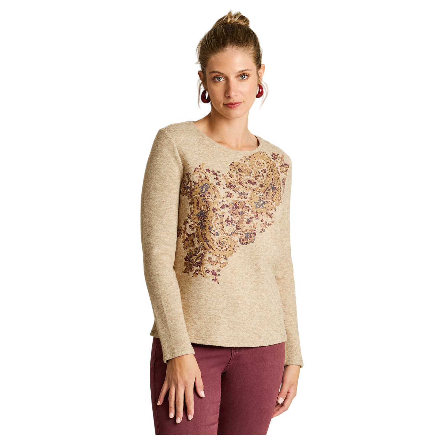 Polera Beige de Lanilla con Estampado Floral Localizado-0