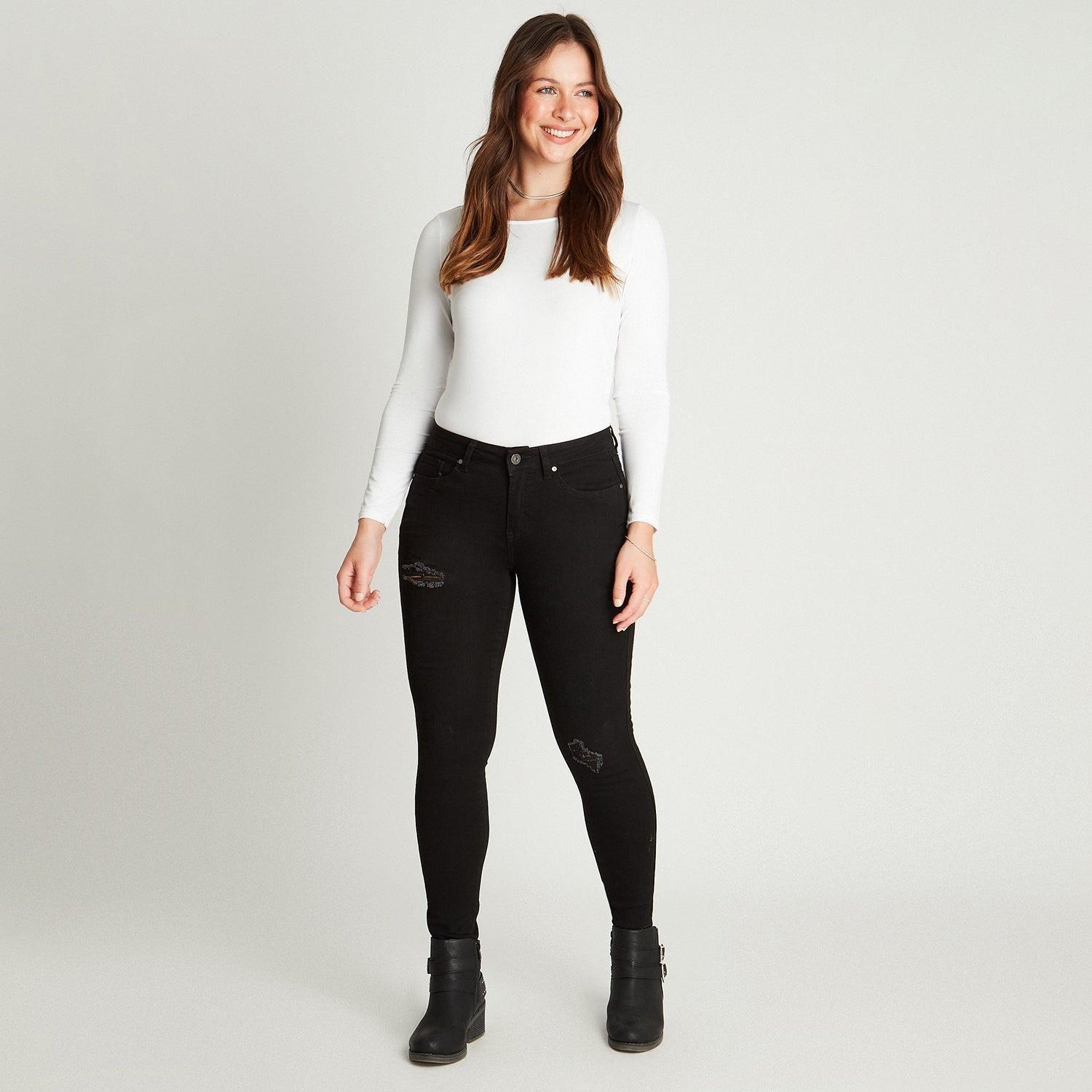 Jeans Skinny Negro 5 Bolsillos Con Roturas-3