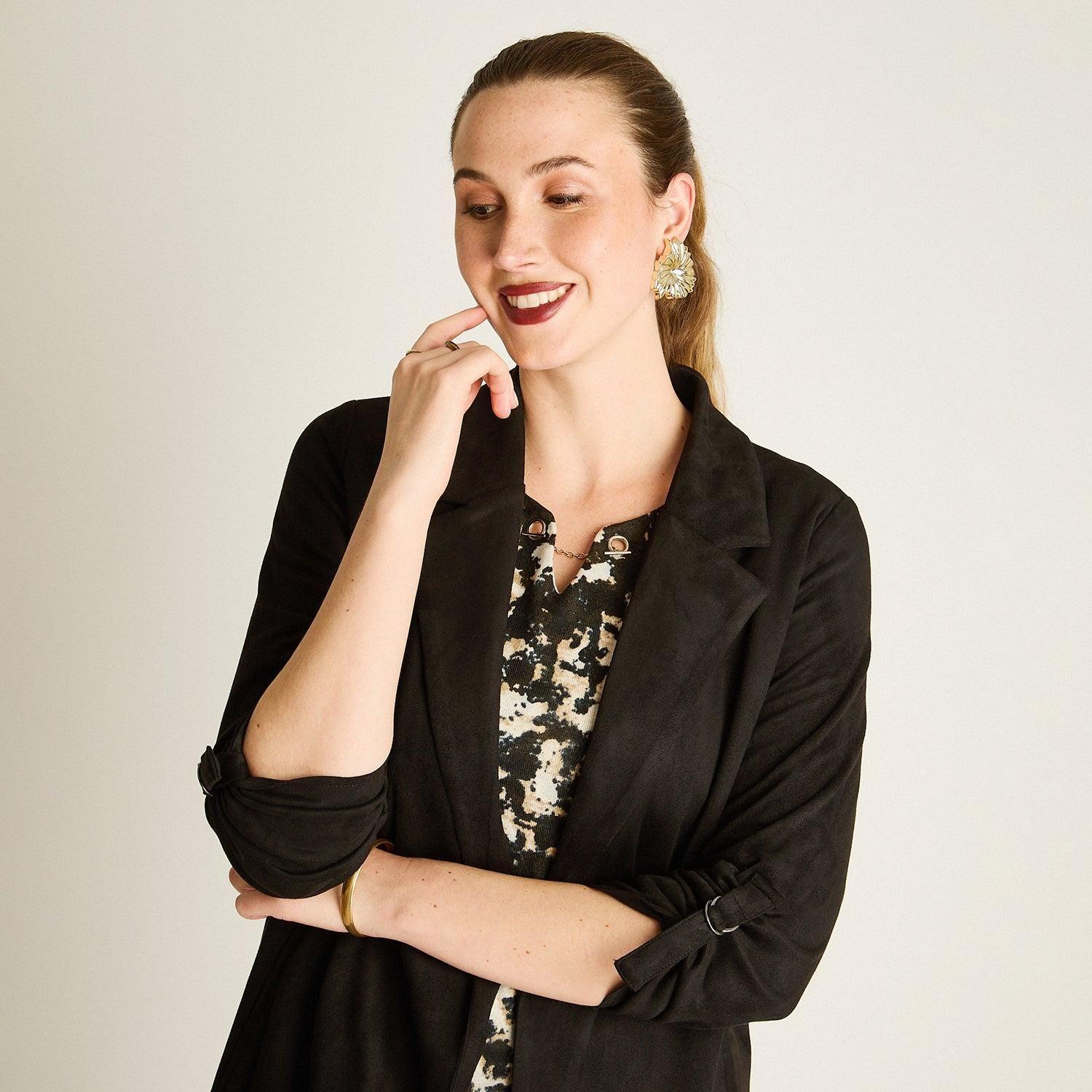 Chaqueta Suede Mujer Manga Roll Up con Bolsillos Negra-2